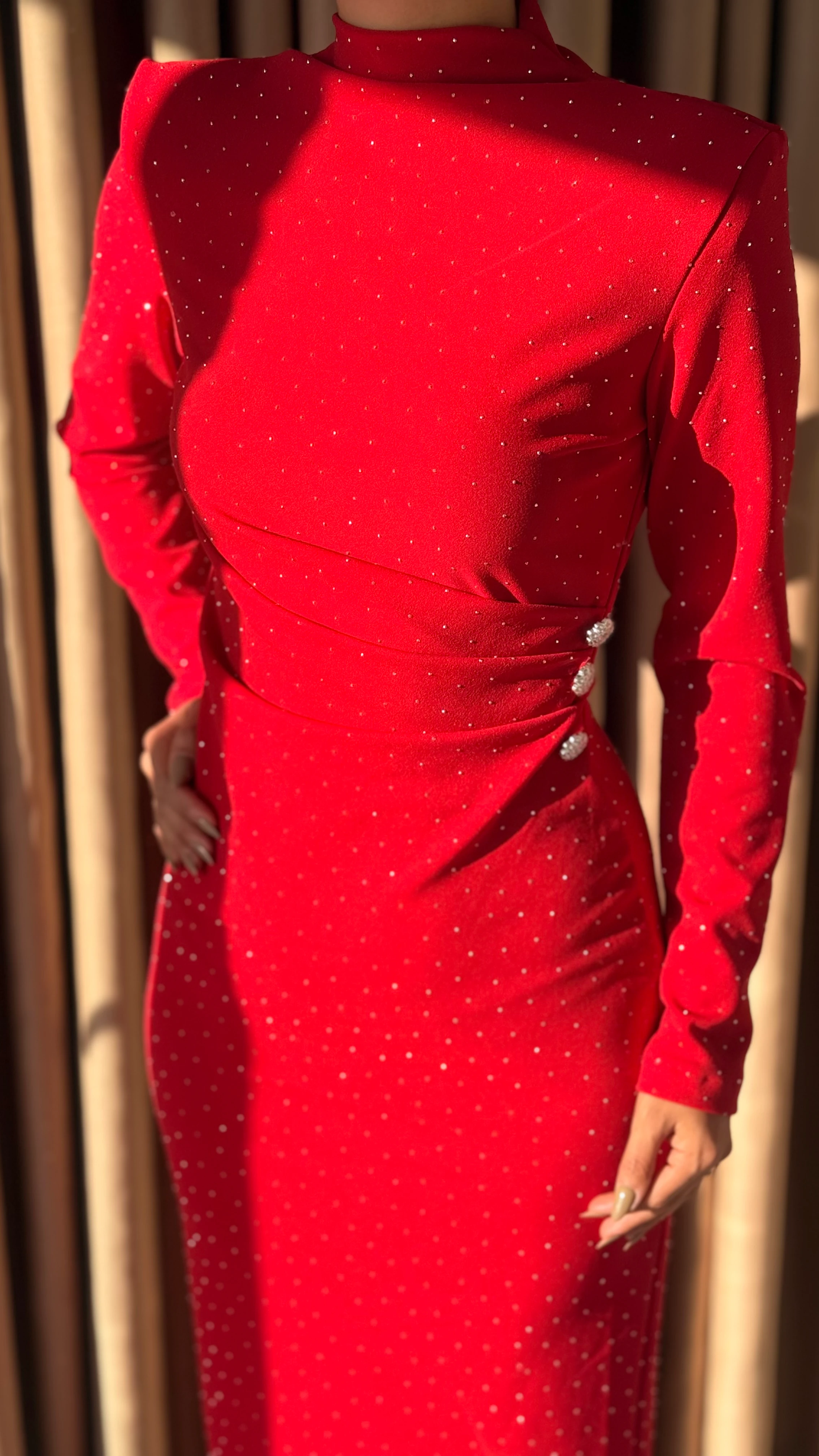 Pullu Dik Yaka Yanı Taşlı Elbise