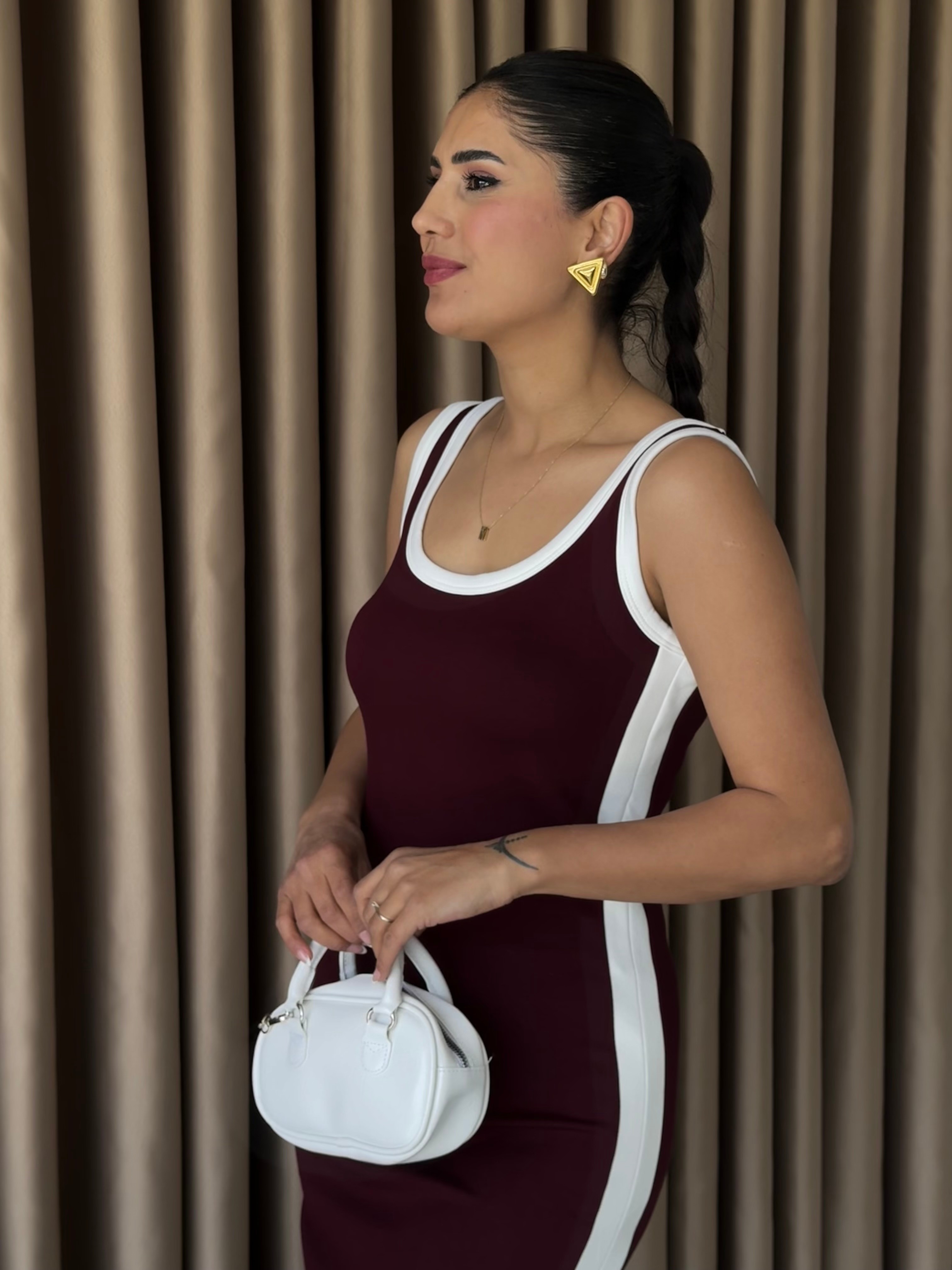 OYS MODAL BORDO ŞERİTLİ ELBİSE