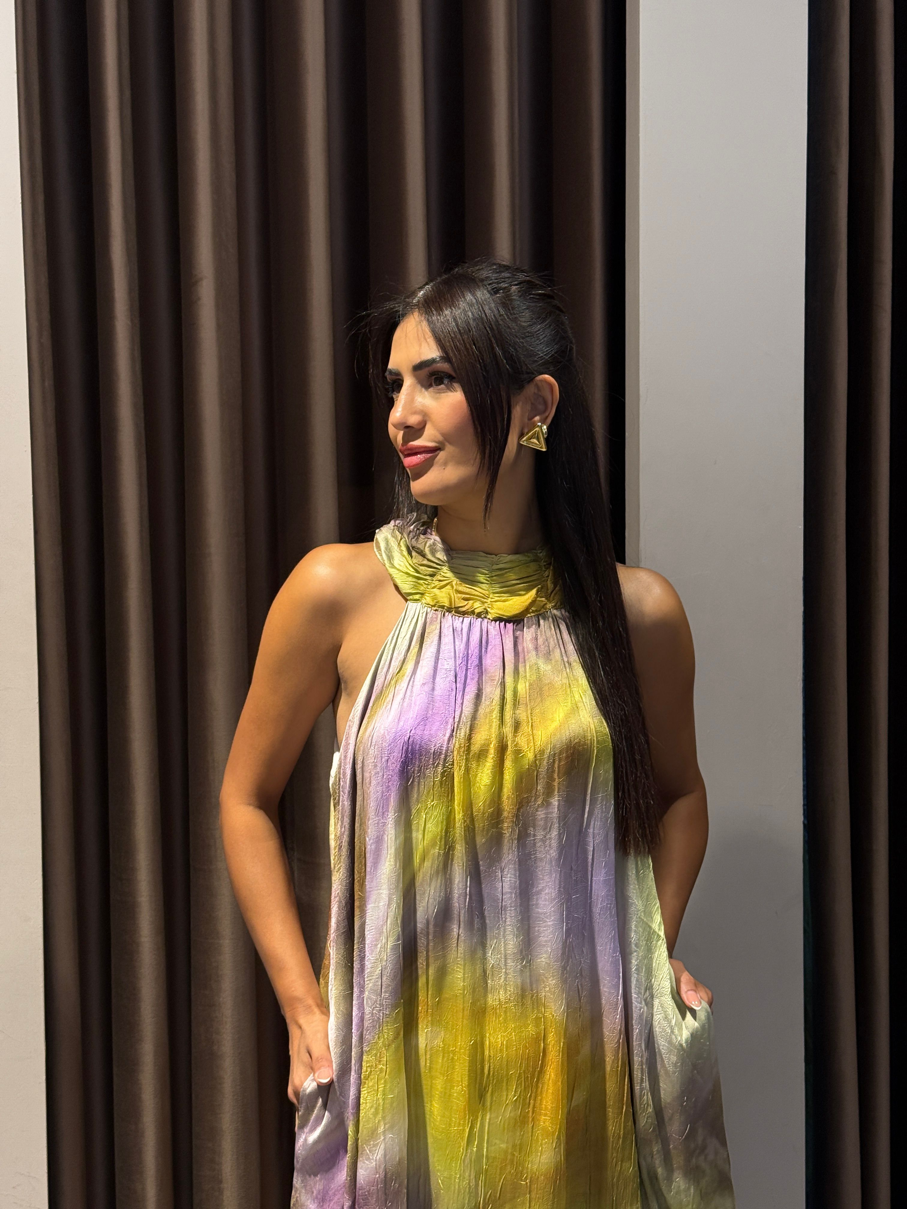 Halter Yeşil Mor Renkli Elbise