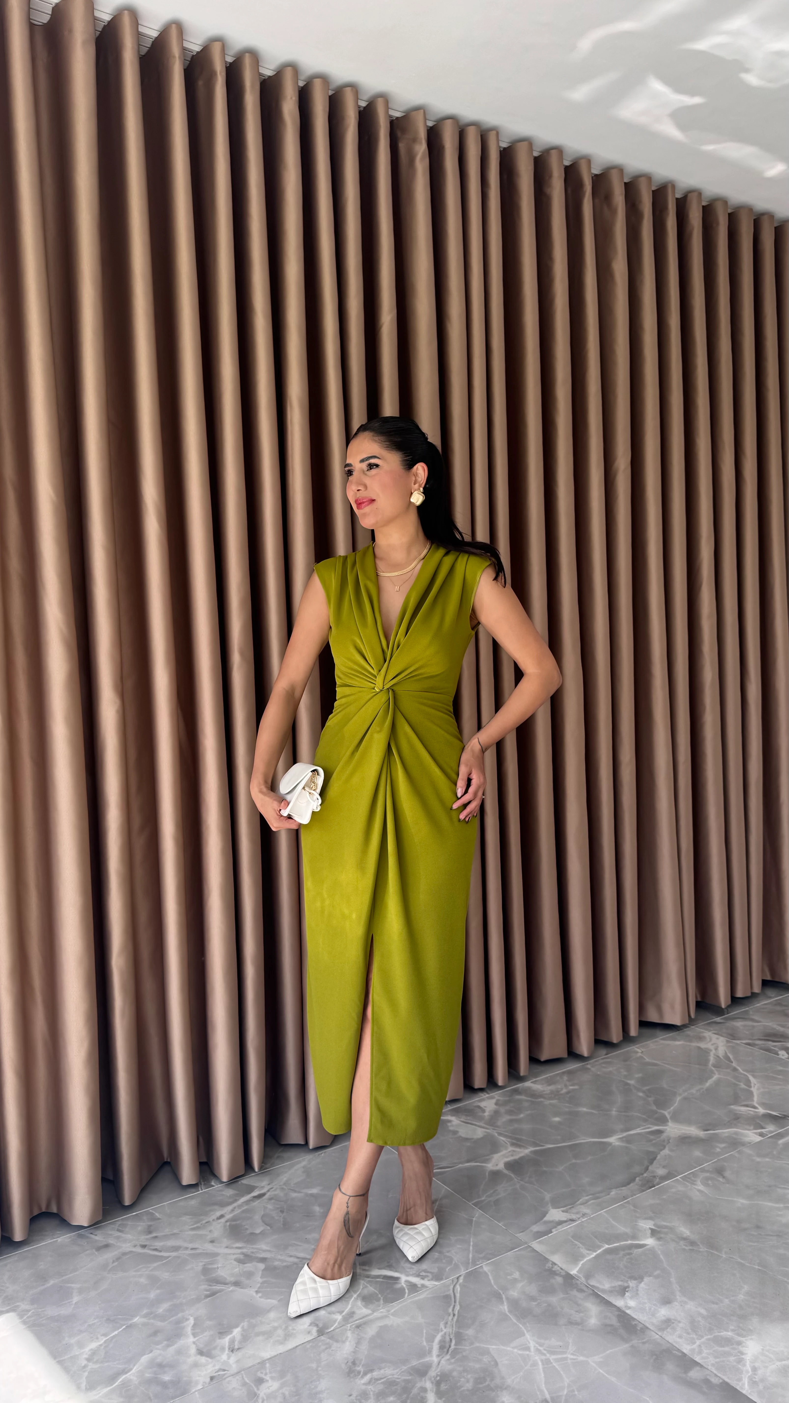 LİME SIFIR KOL ÖNÜ DÜĞÜMLÜ MİDİ ELBİSE