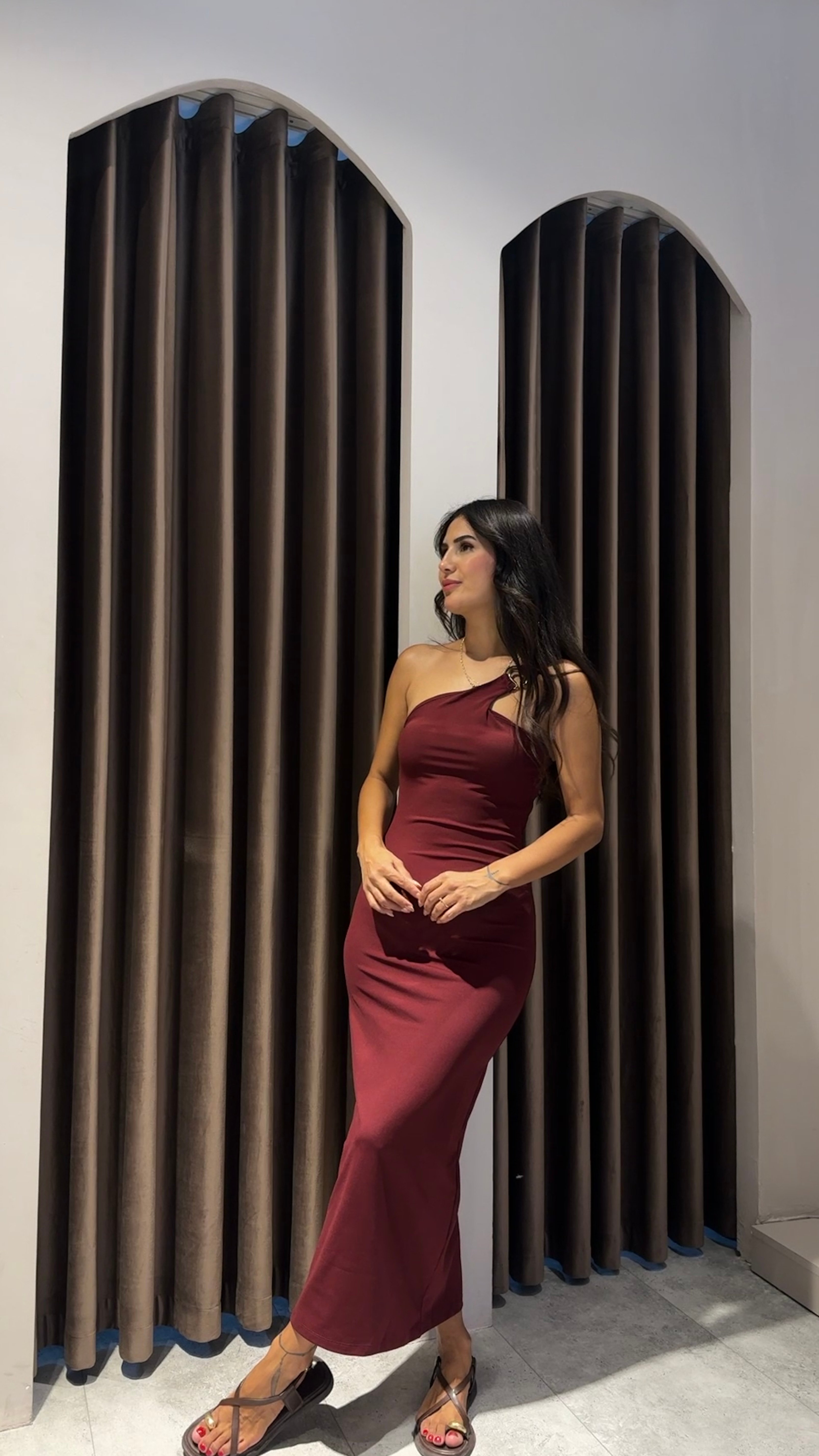 Bordo Toka Detaylı Kalem Elbise