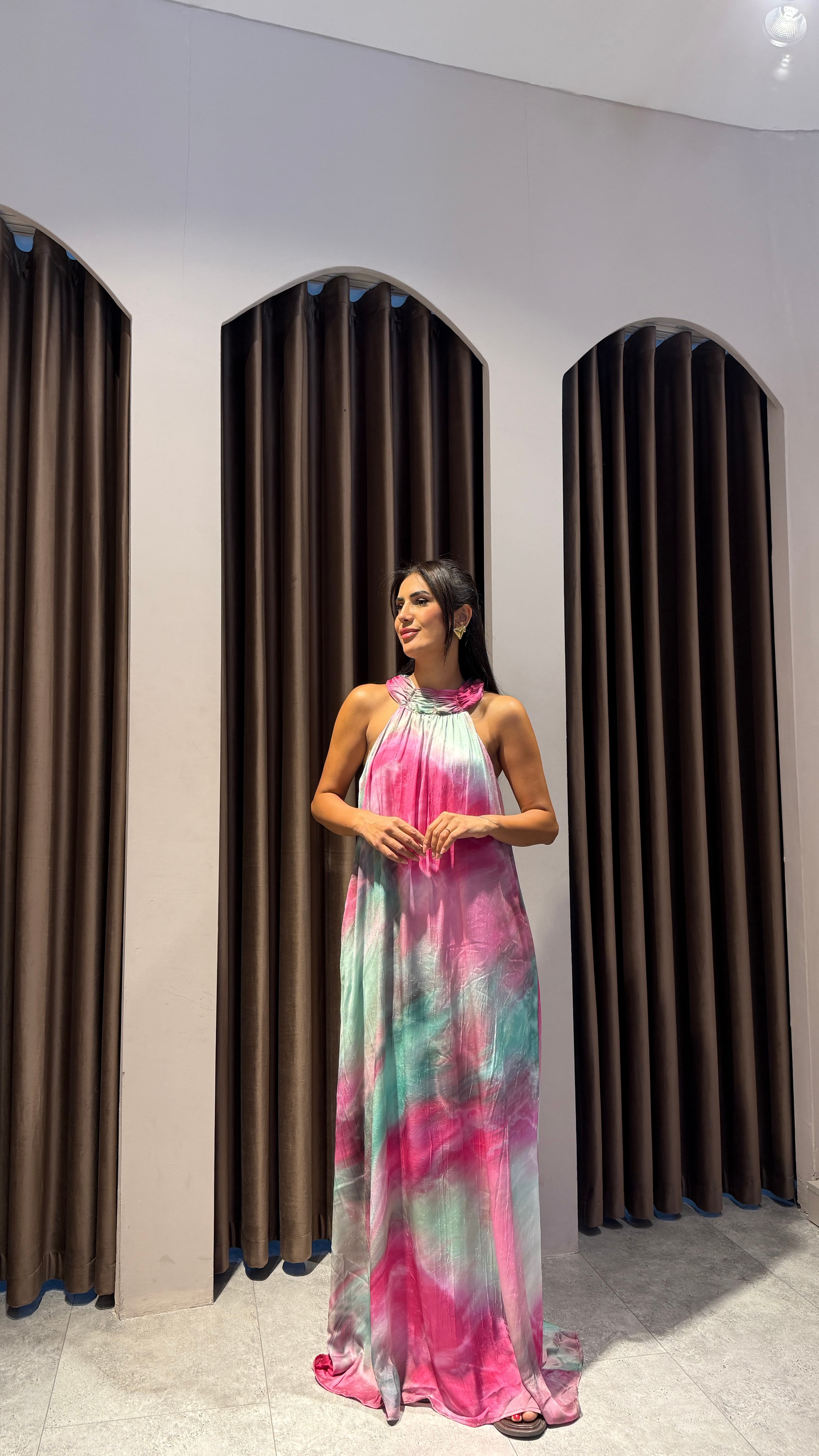 Halter Pembe Renkli Elbise