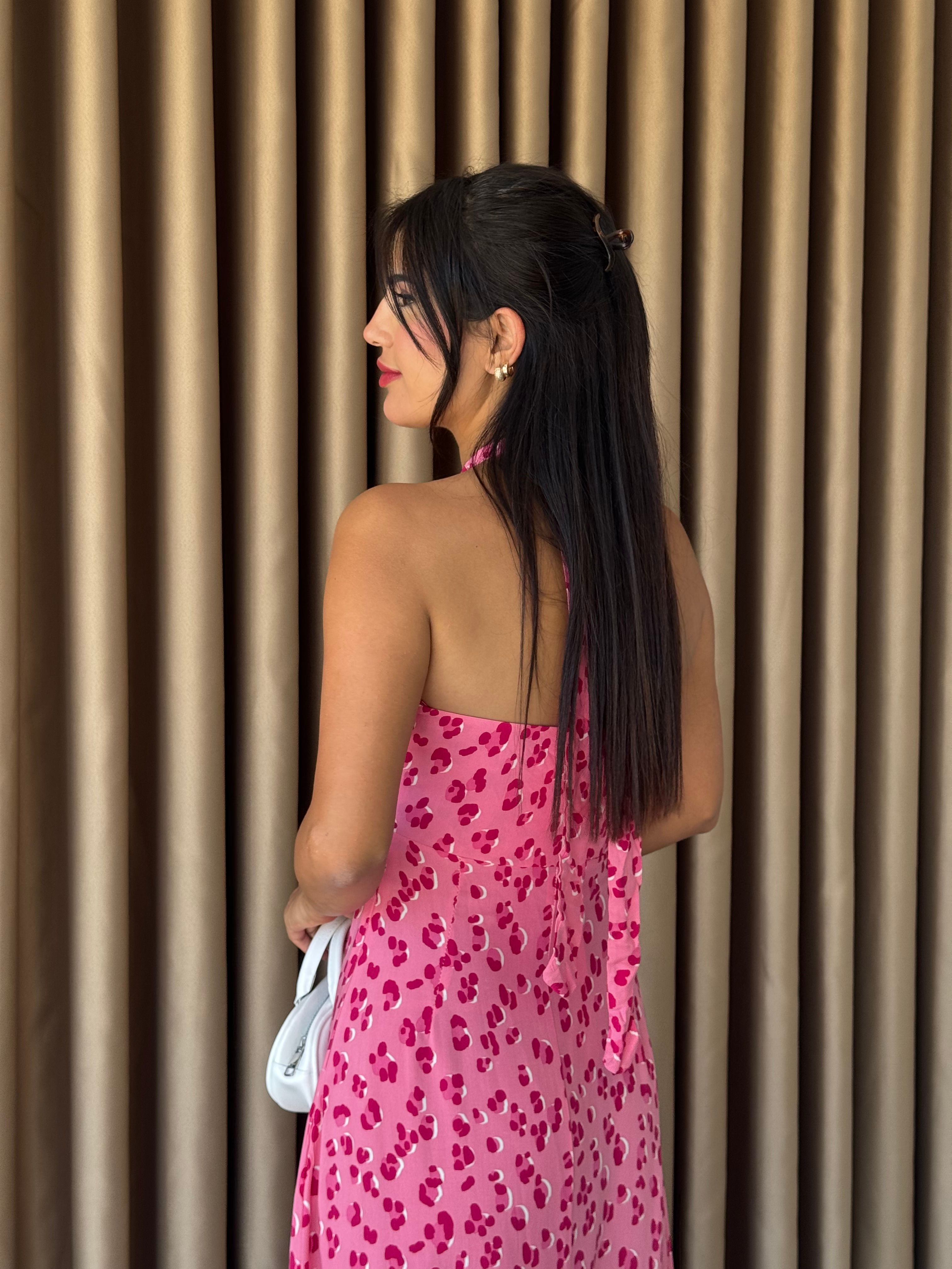 AÇIK PEMBE BENEKLİ BOYUNDAN BAĞLAMALI ELBİSE
