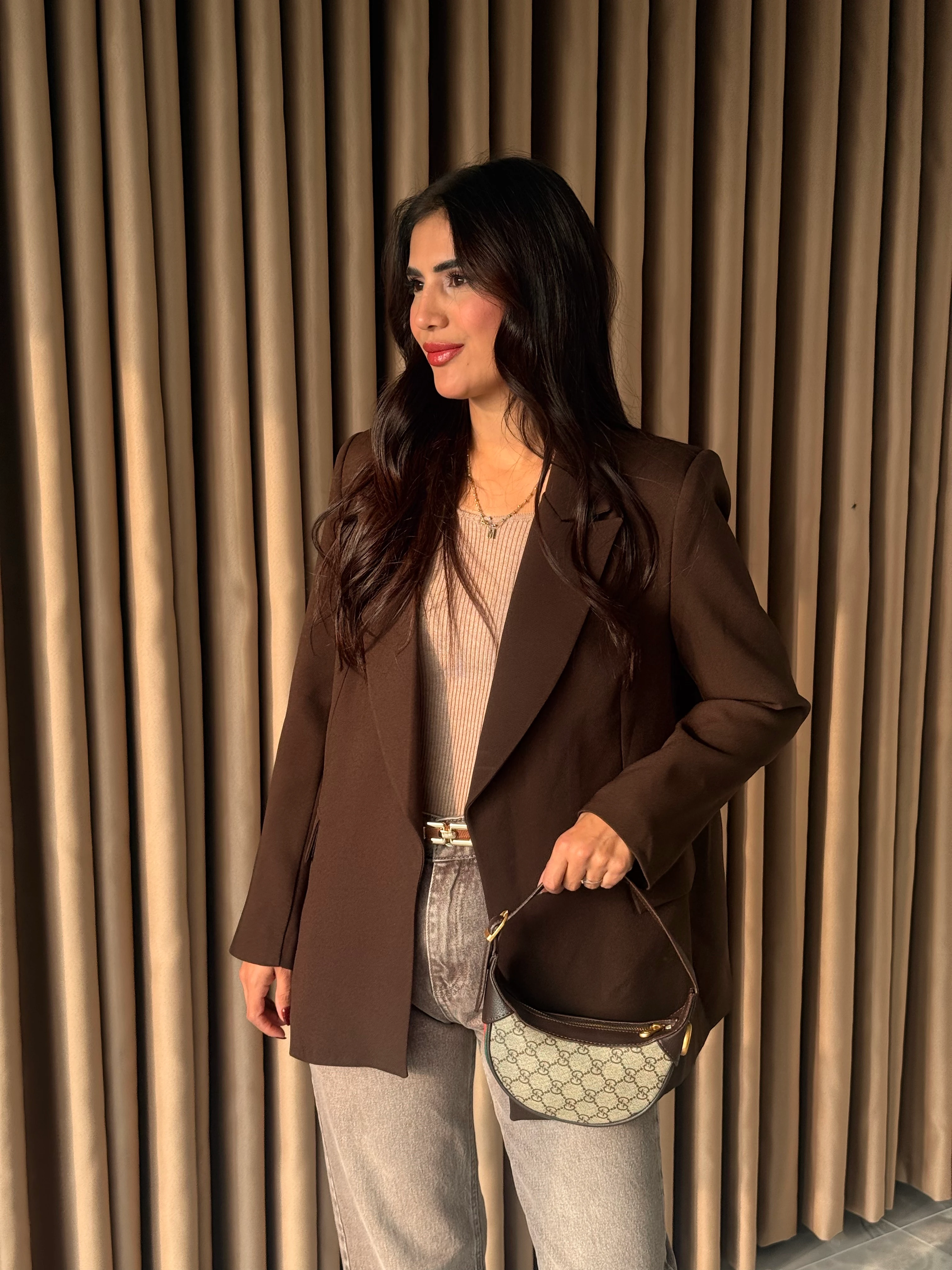 Astarı Çizgili Kahve Blazer Ceket