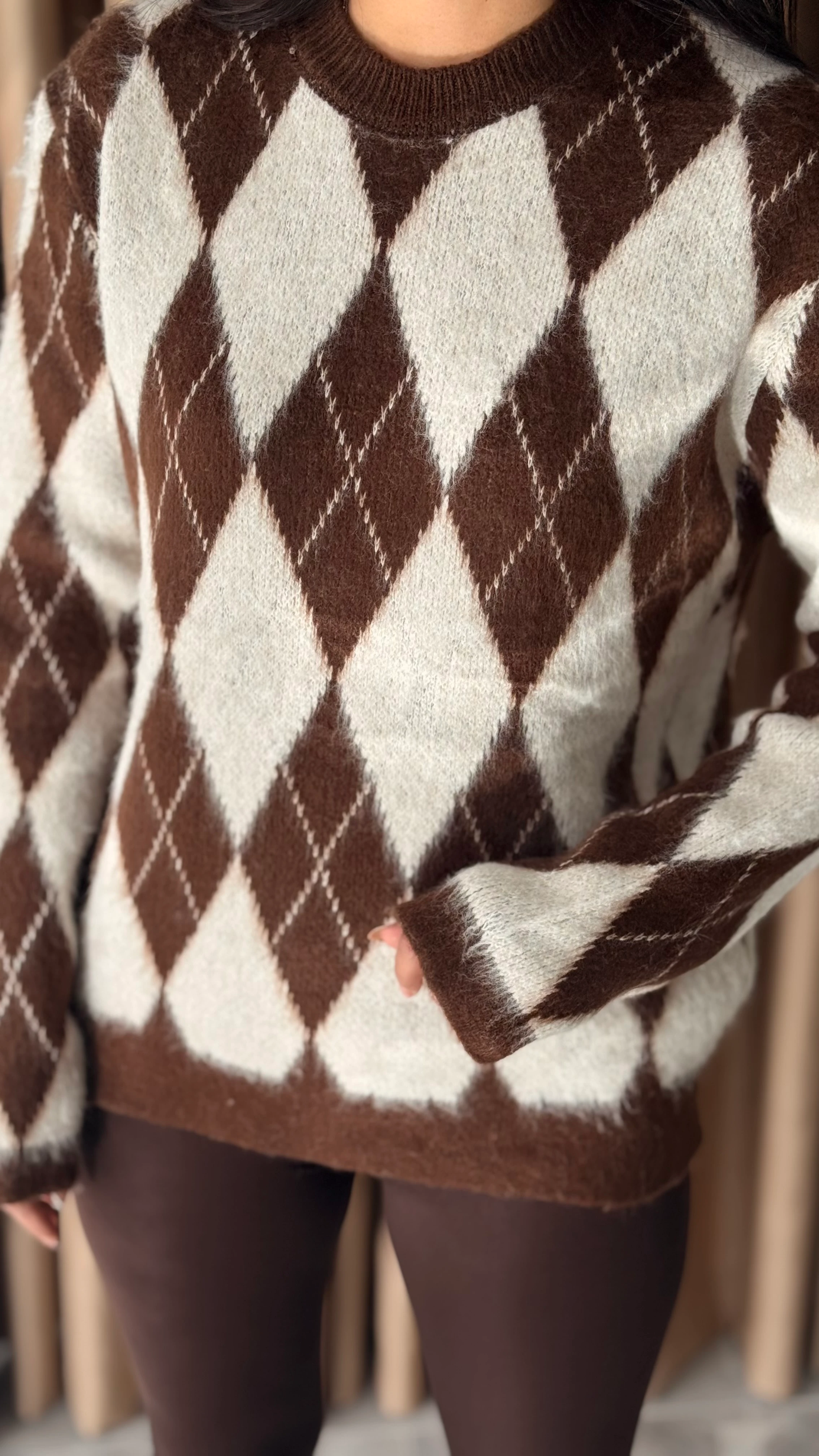 Kahve Krem Baklava Desen Kazak