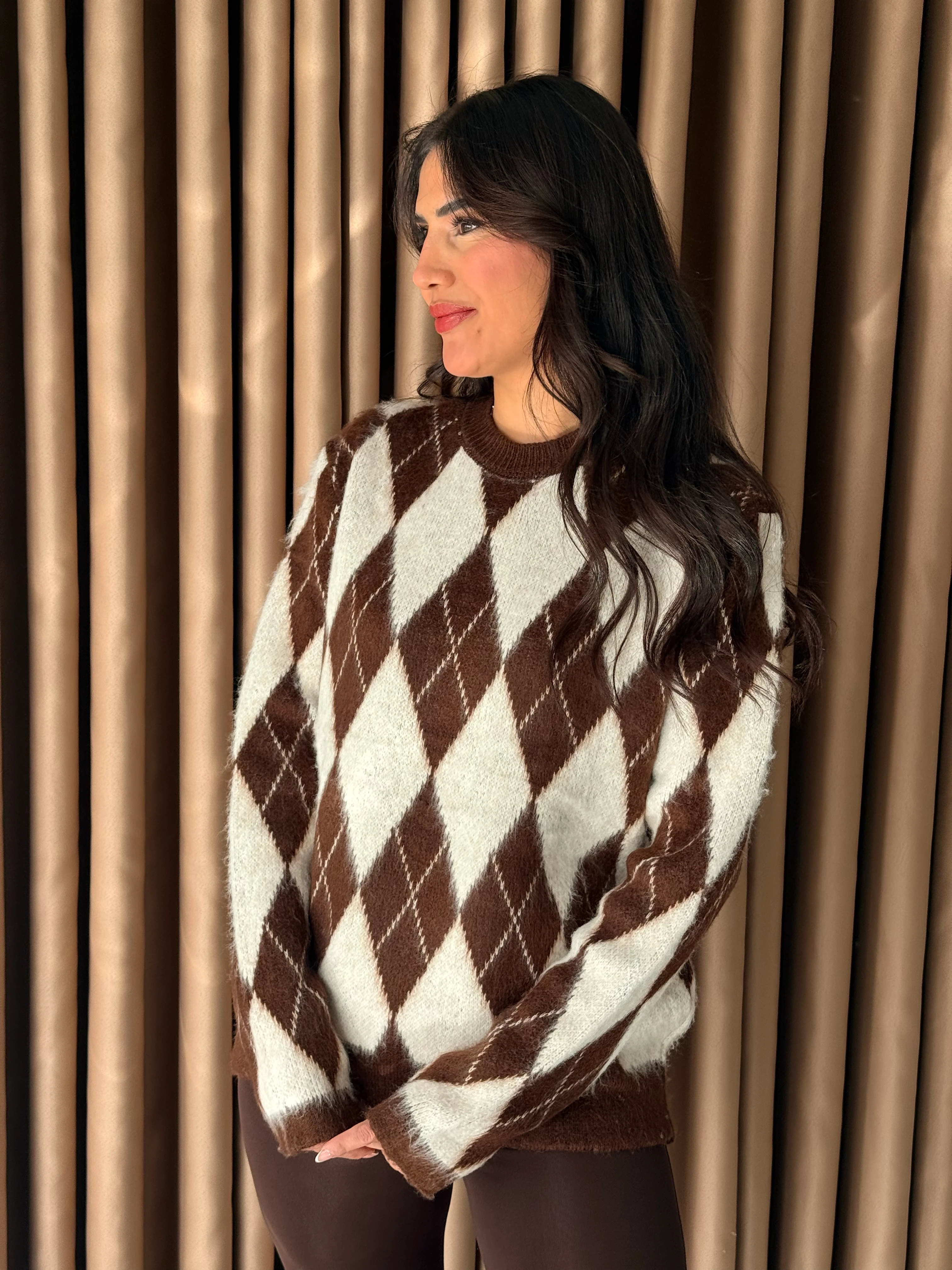 Kahve Krem Baklava Desen Kazak