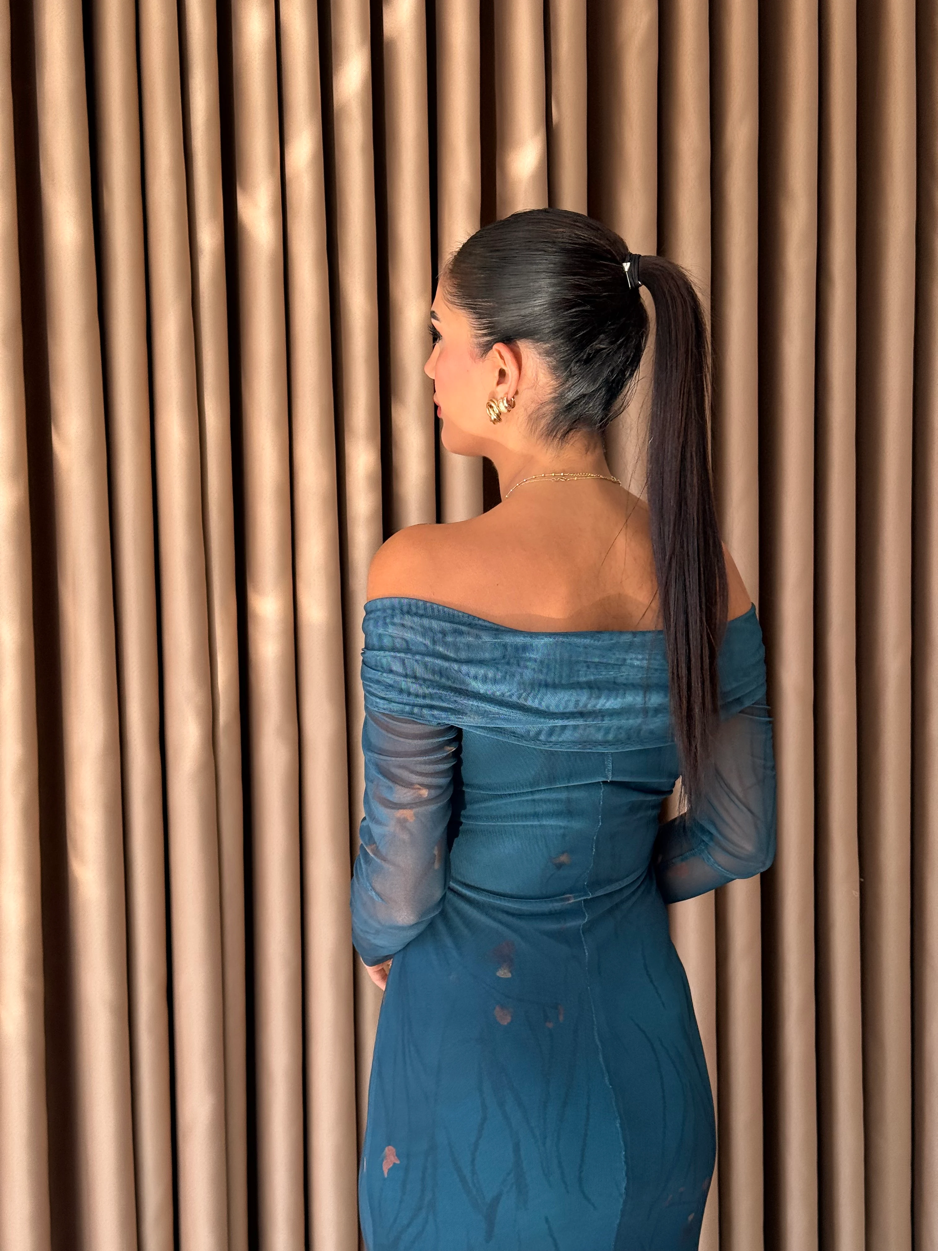 YAKASI KRUVAZE DÜĞÜM DETAYLI YEŞİL TÜL ELBİSE