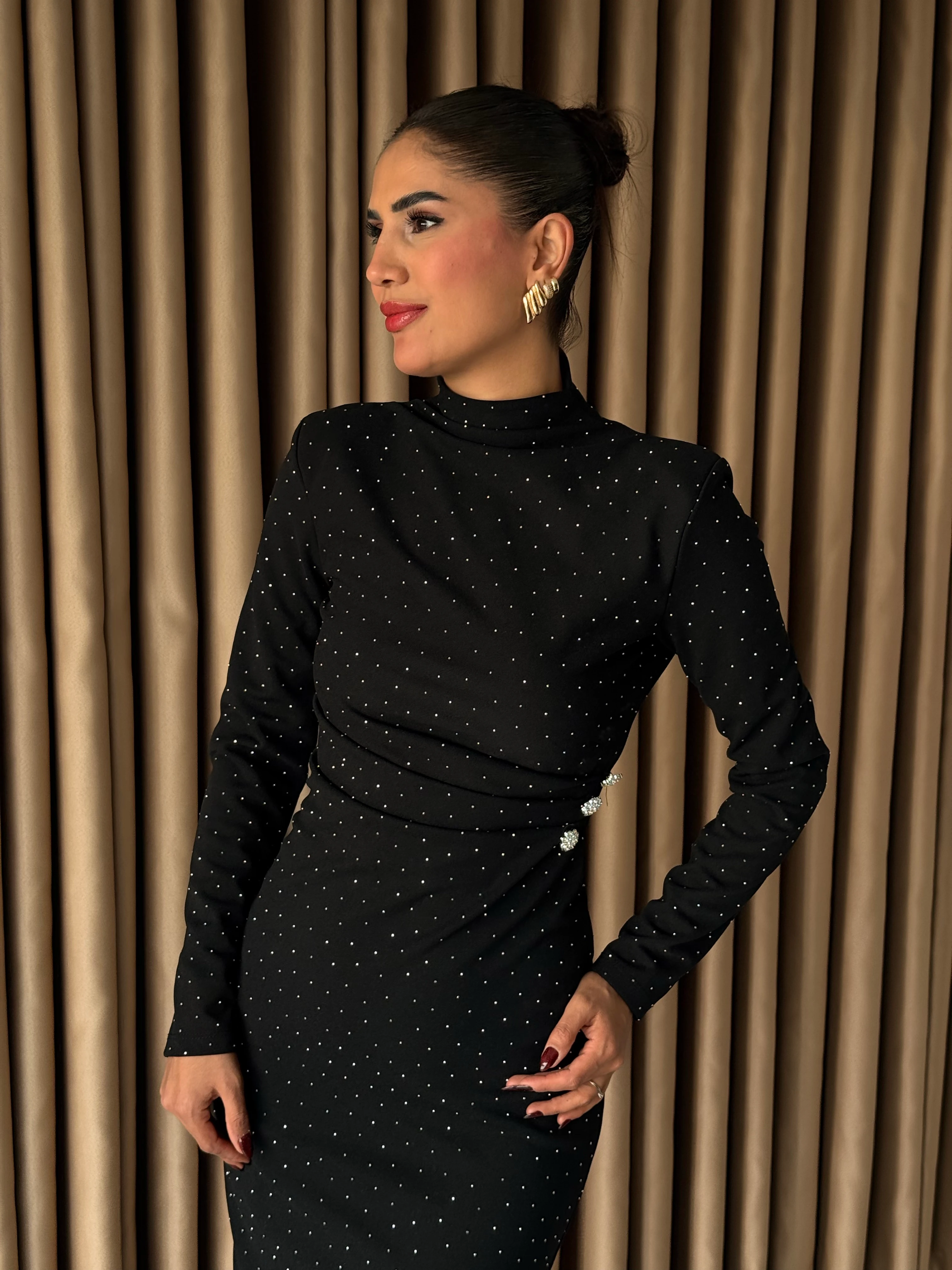 Pullu Dik Yaka Yanı Taşlı Elbise