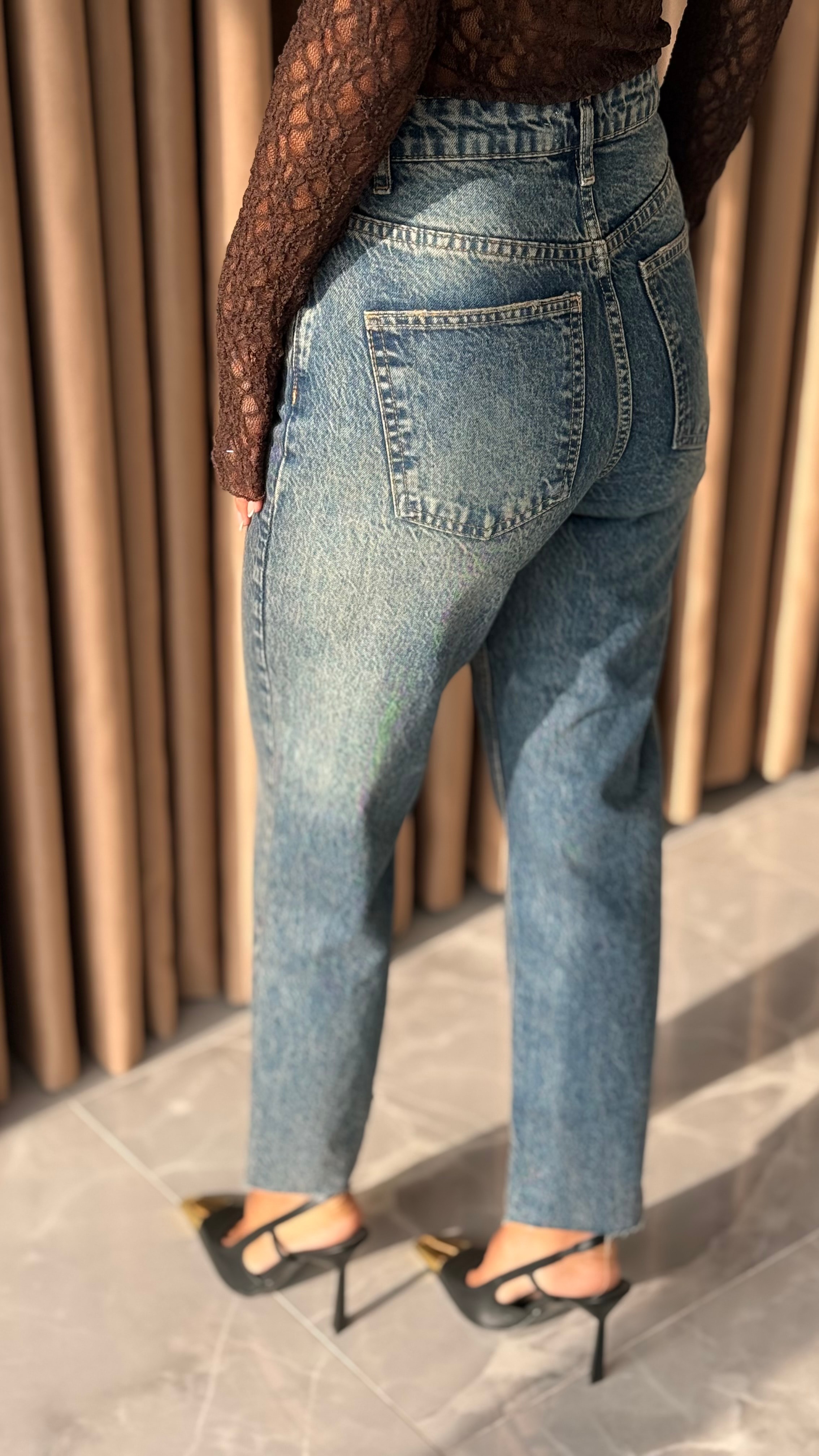 Kahve Eskitmeli Boyfit Jean