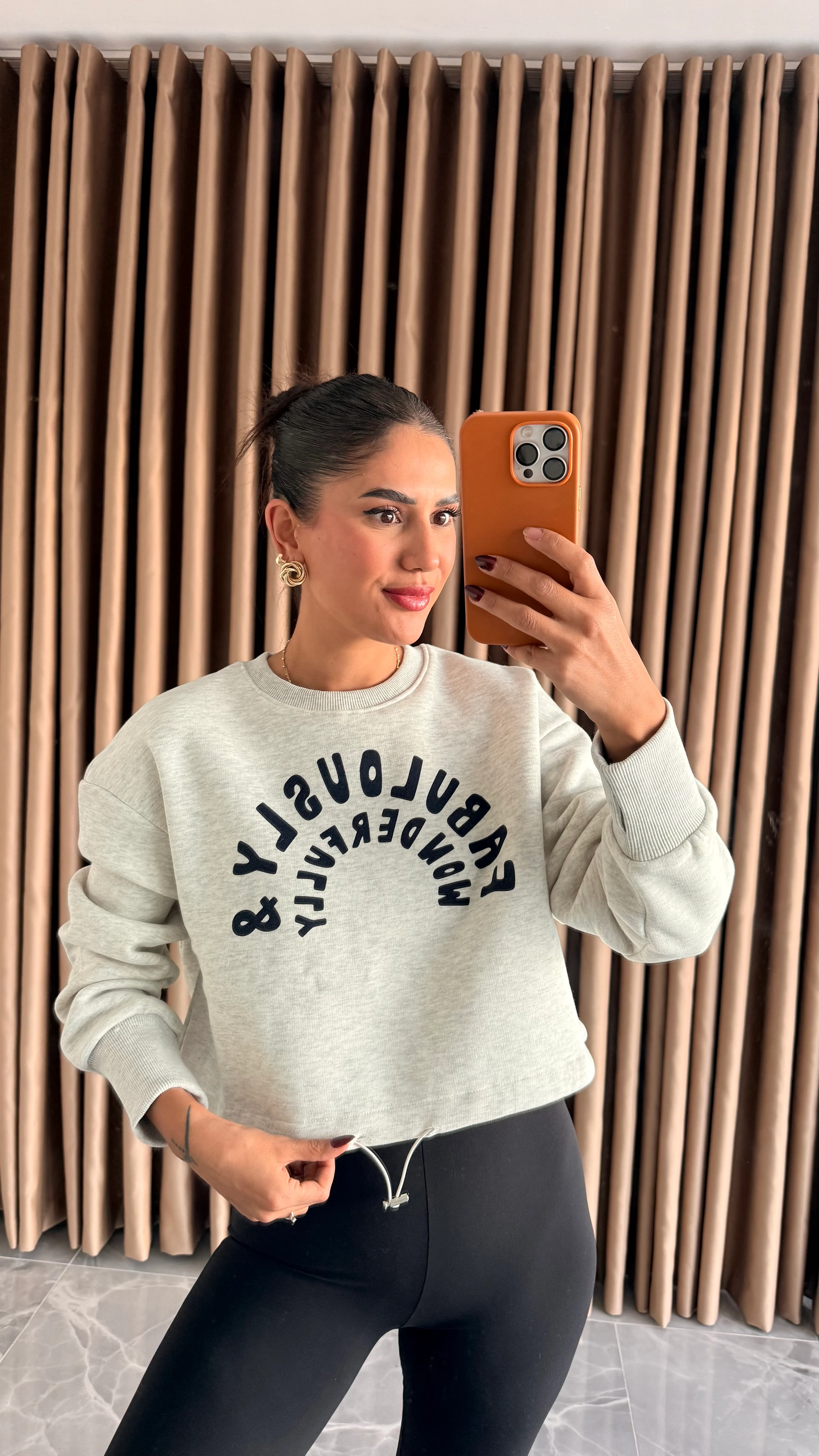 Gri Lacivert Baskılı Kısa Sweat