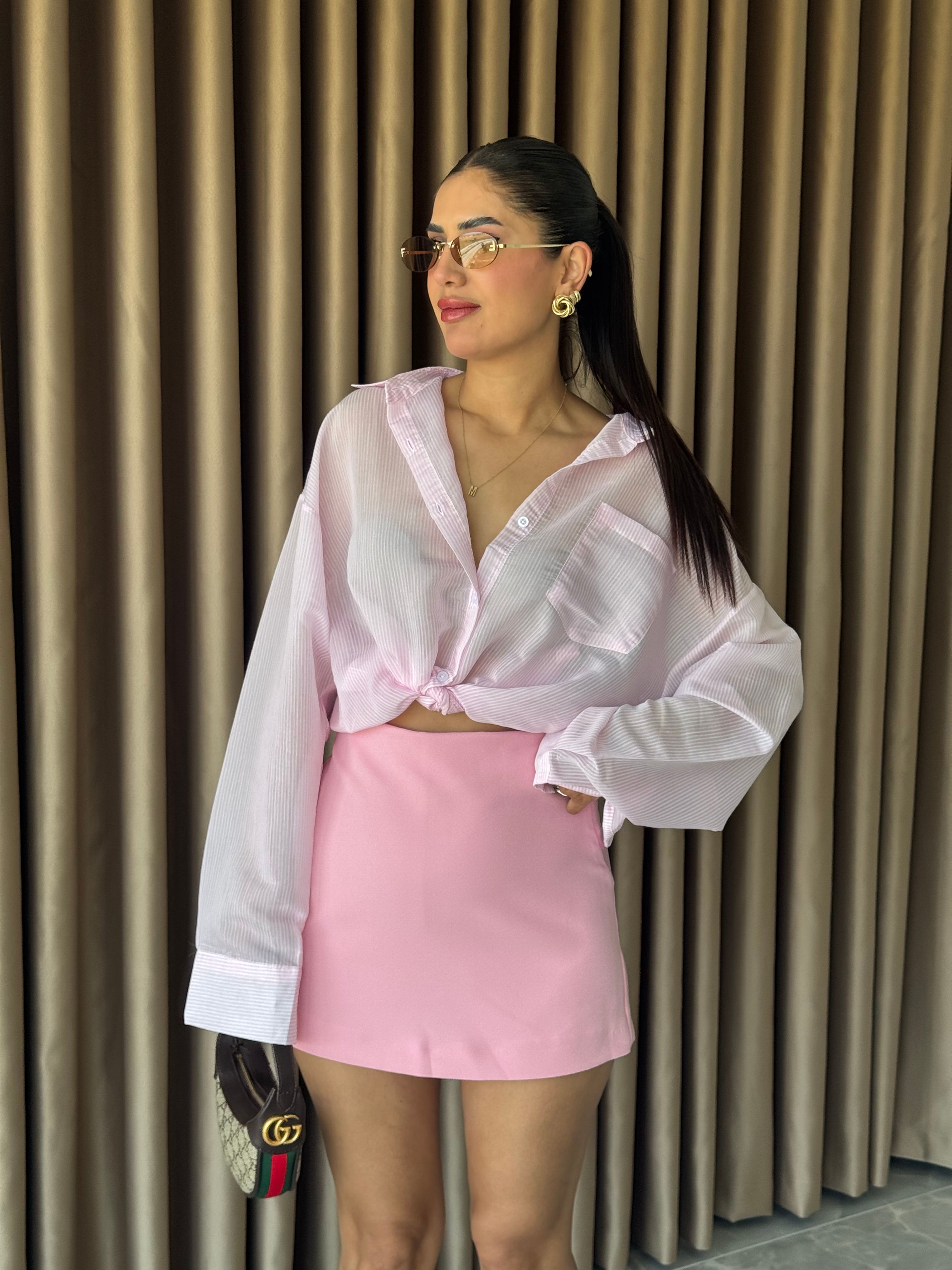 PEMBE TÜL ÇİZGİLİ GÖMLEK
