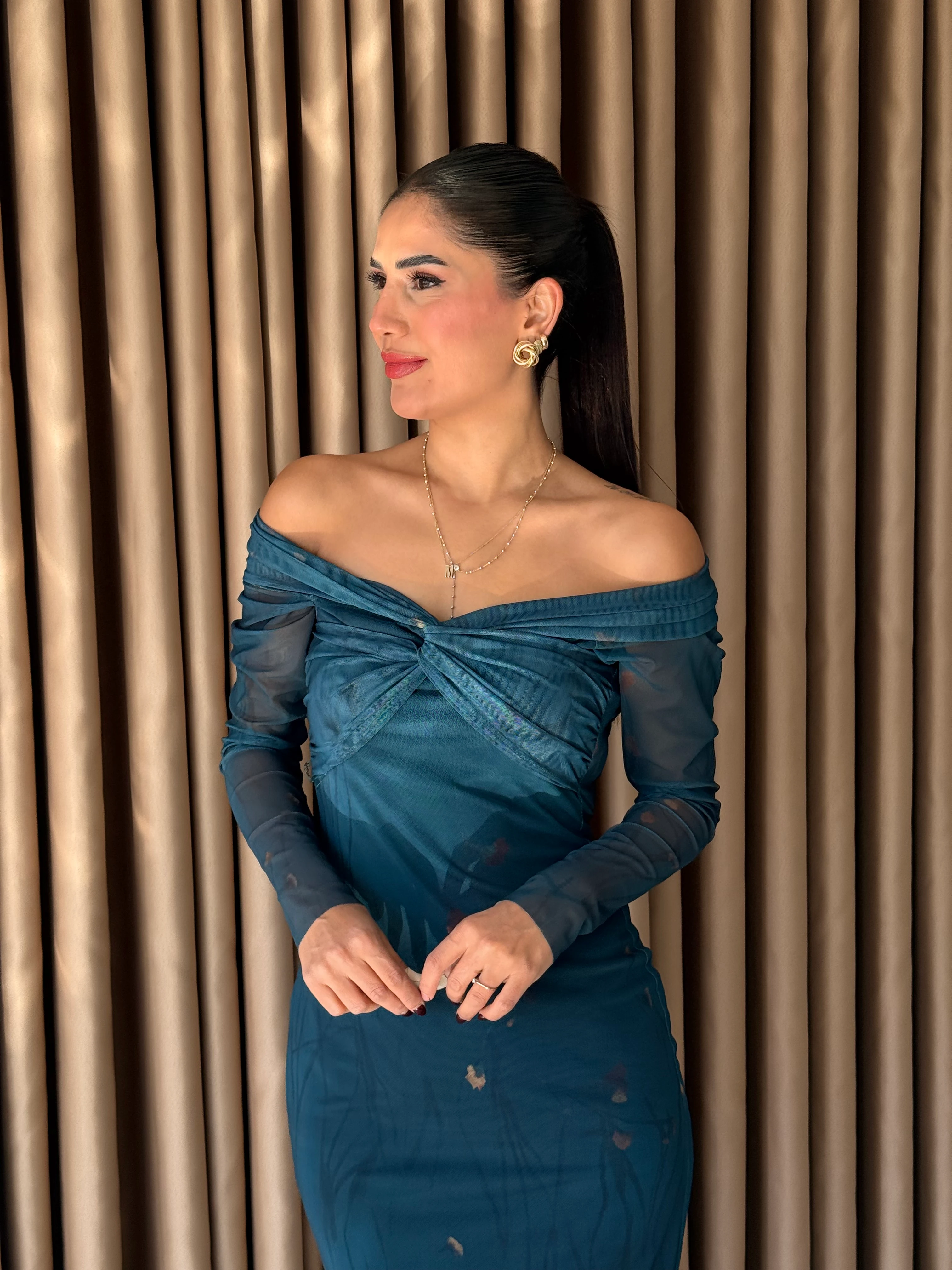 YAKASI KRUVAZE DÜĞÜM DETAYLI YEŞİL TÜL ELBİSE