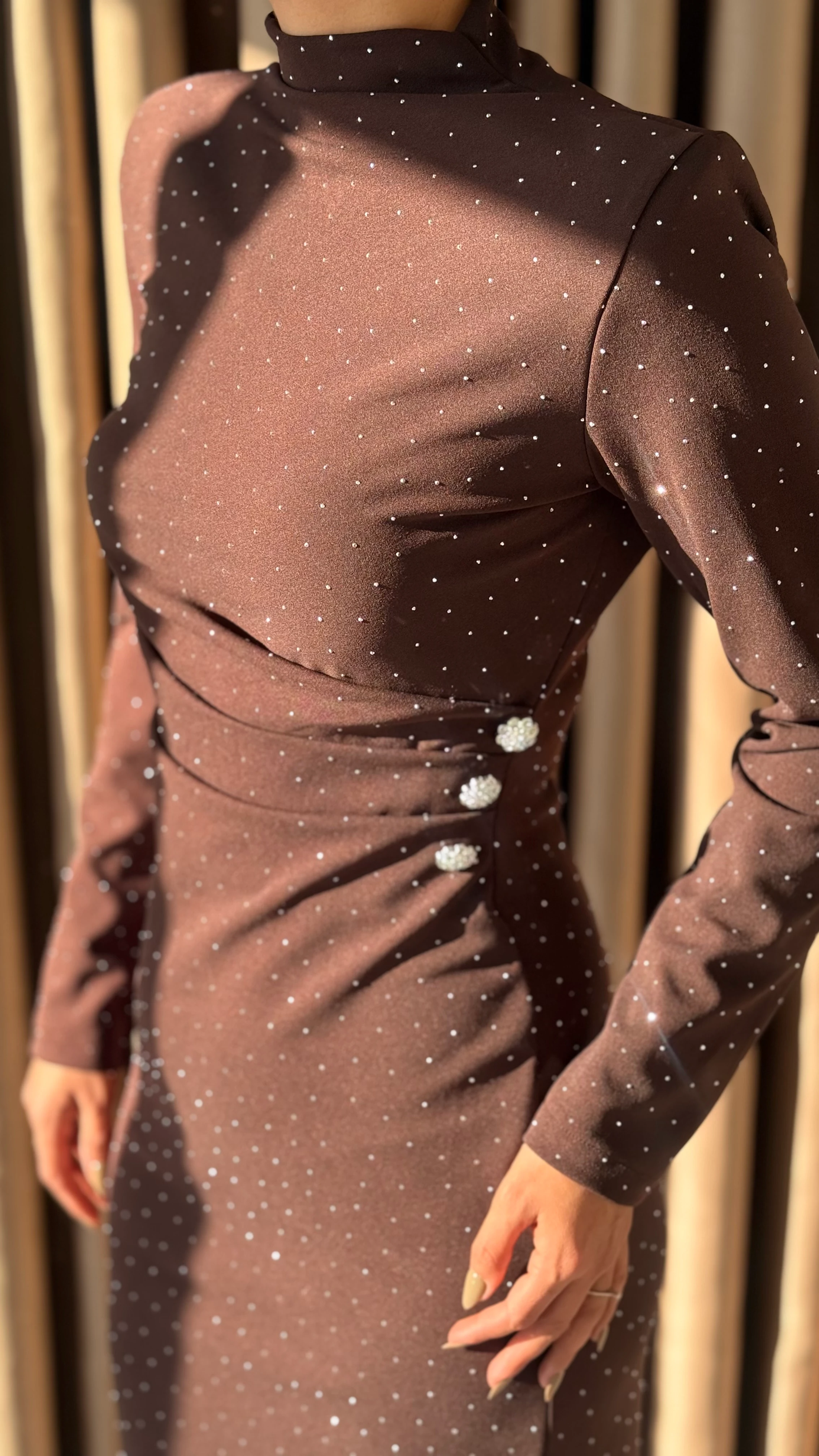 Pullu Dik Yaka Yanı Taşlı Elbise