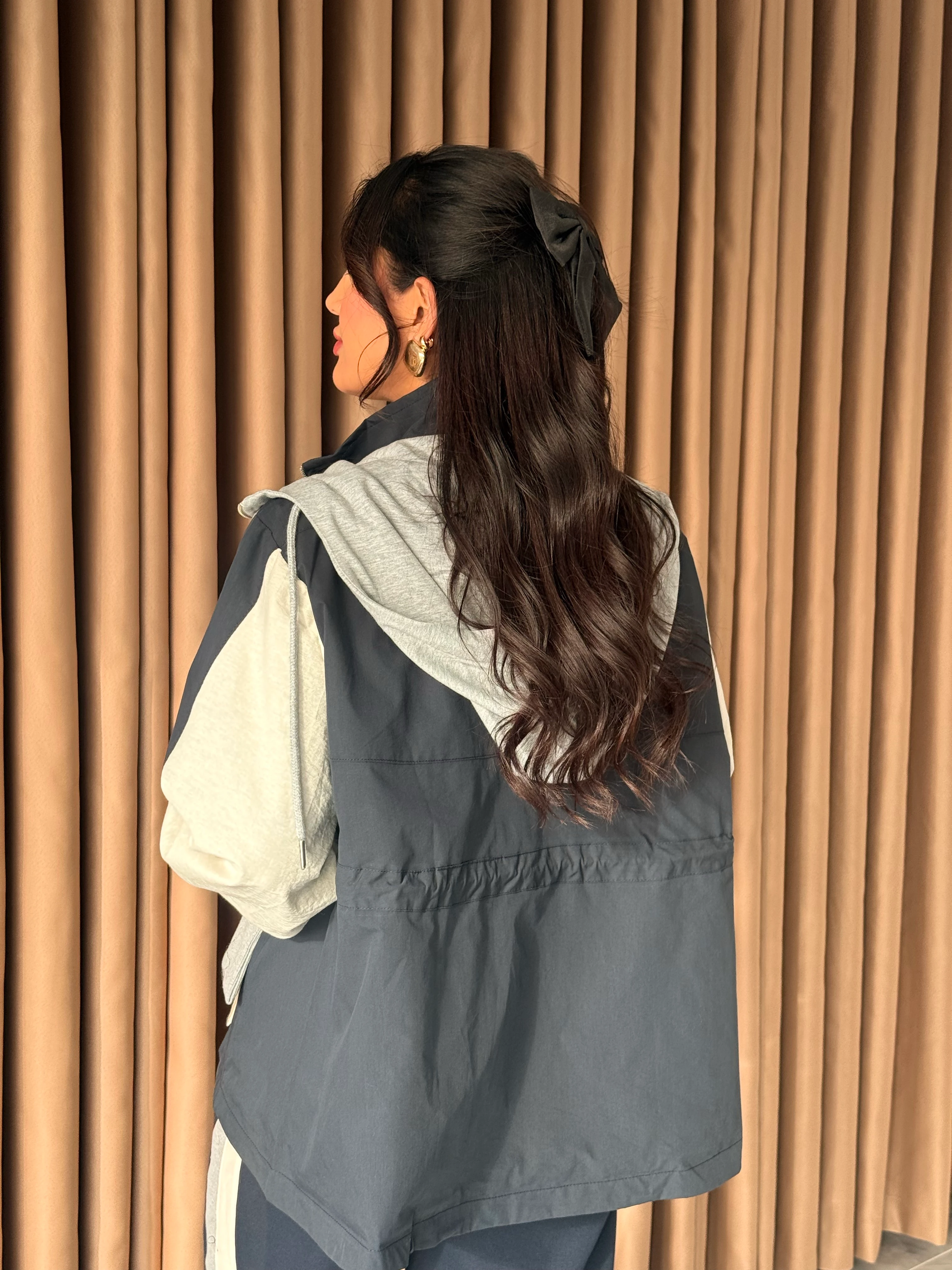 Lacivert Gri Kapşonlu Garnili Takım