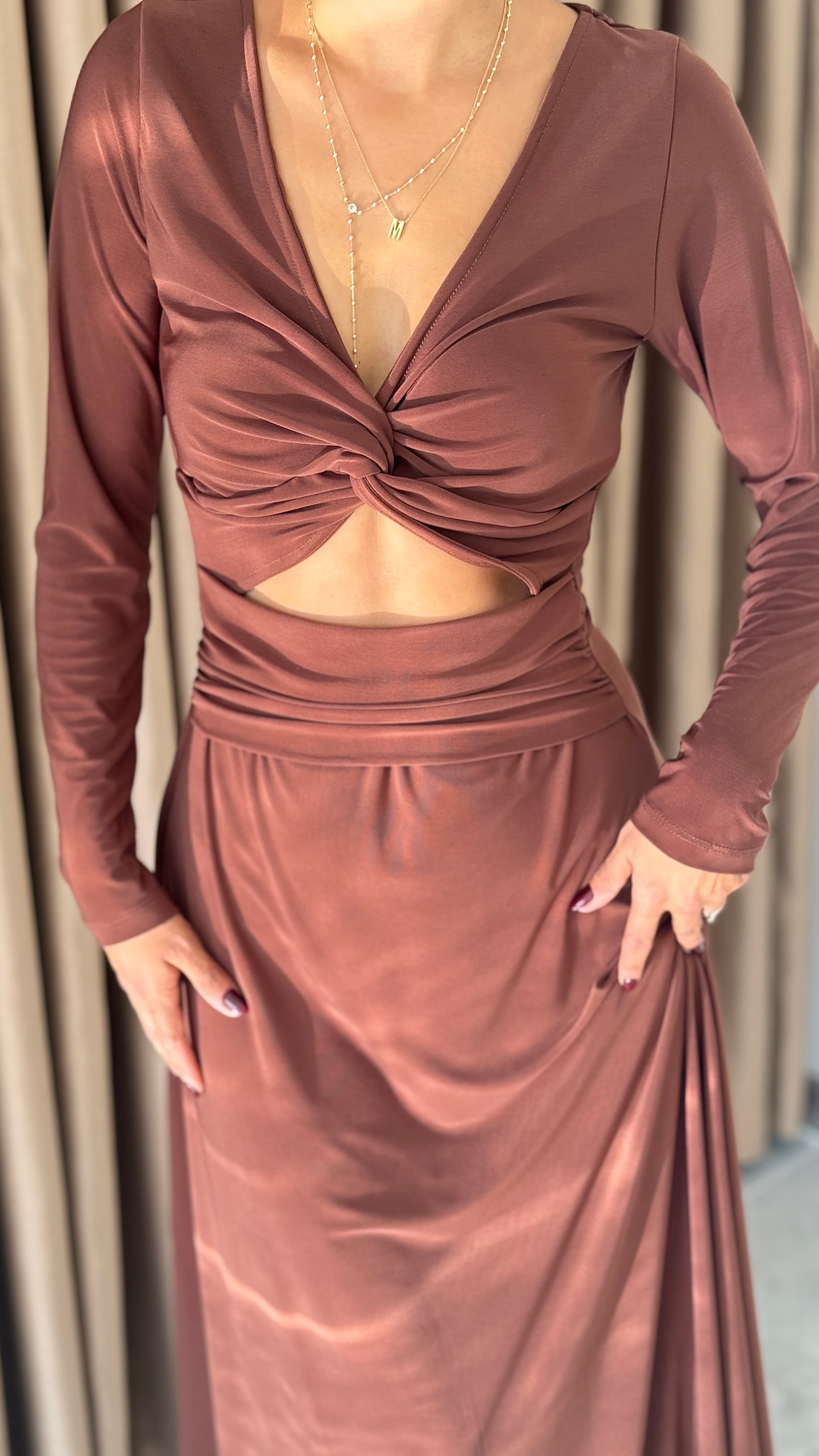 Kahve Bel Detaylı Çan Elbise