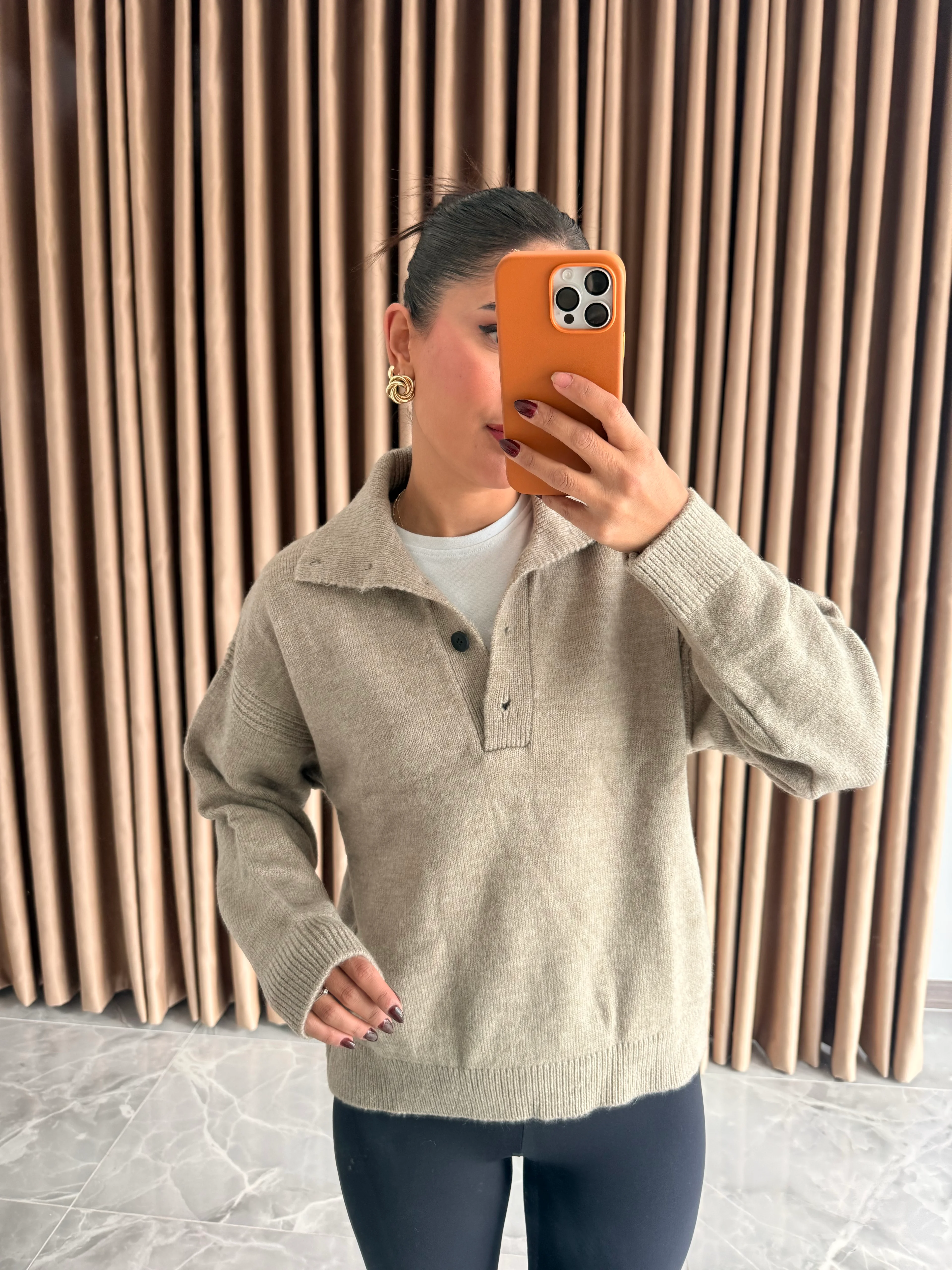 Önü Düğmeli Polo Yaka Kazak