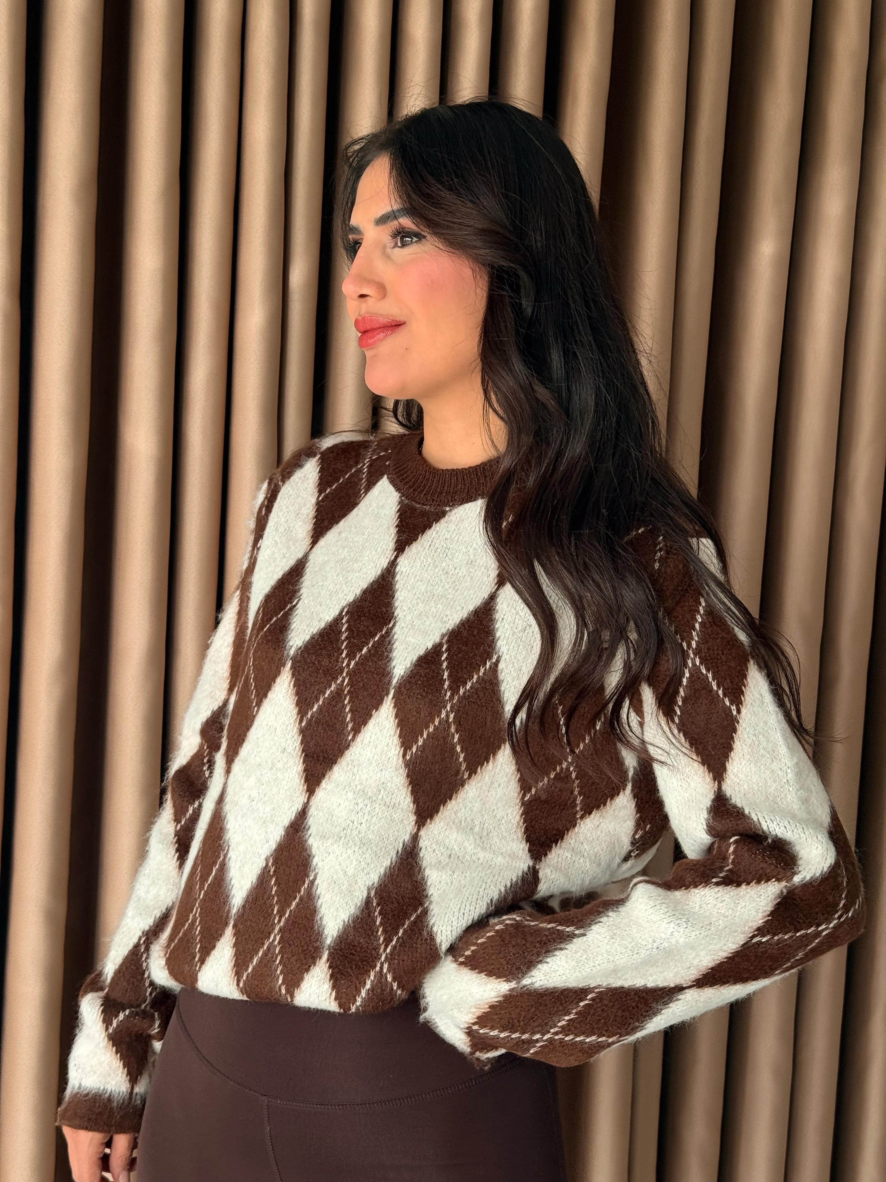 Kahve Krem Baklava Desen Kazak