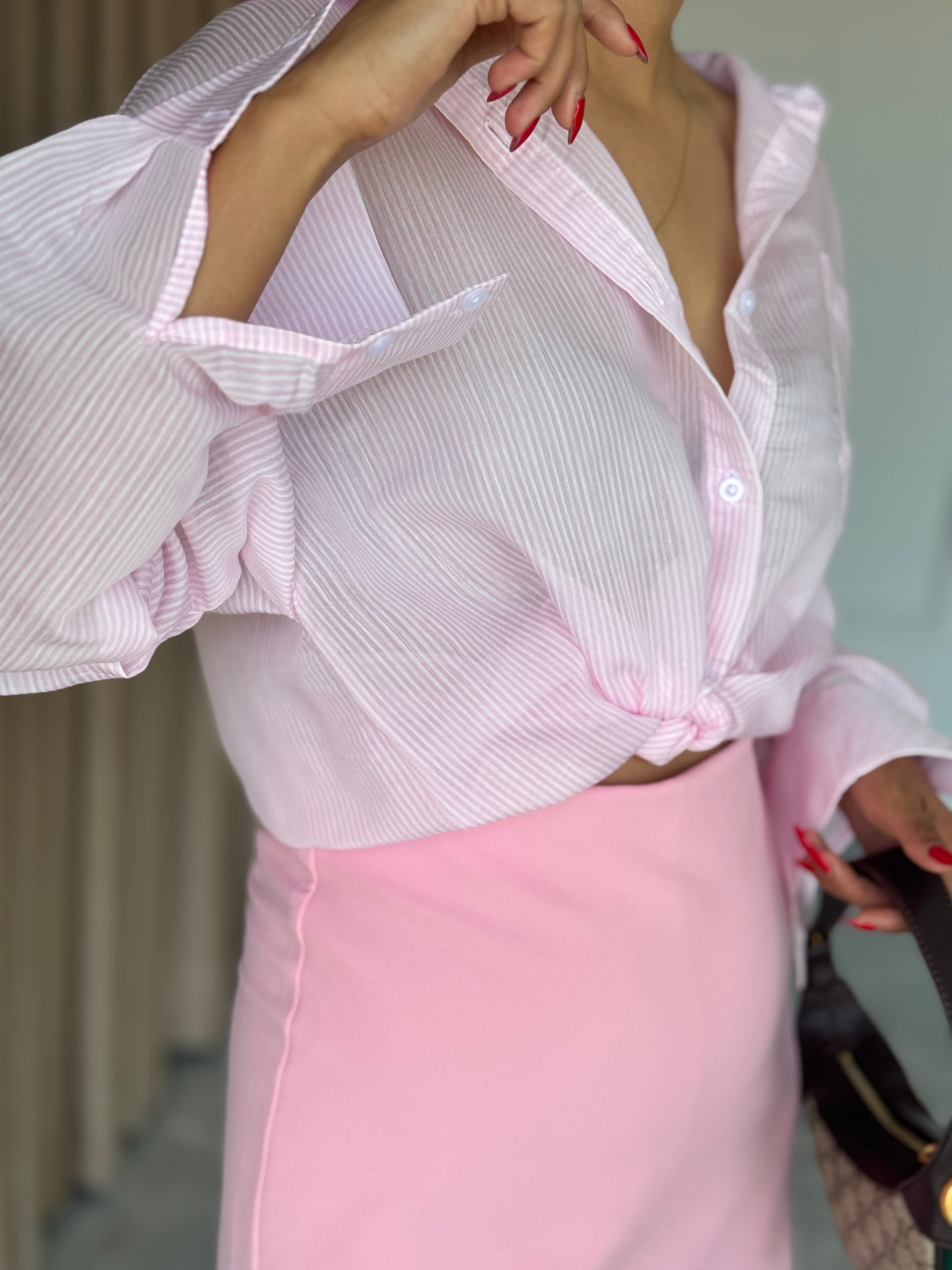 PEMBE TÜL ÇİZGİLİ GÖMLEK