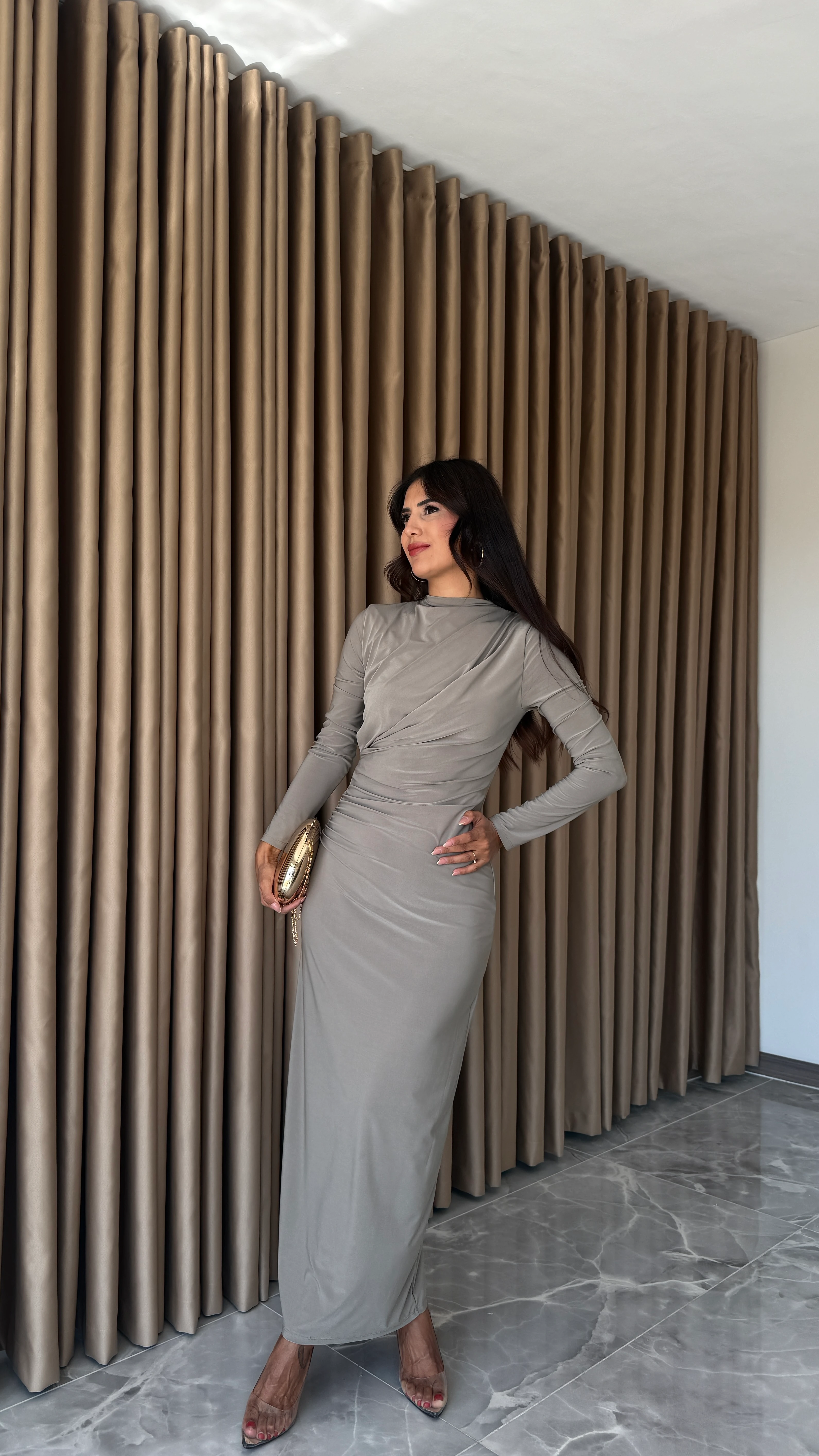 Drapeli Yırtmaçlı Açık Yeşil Elbise