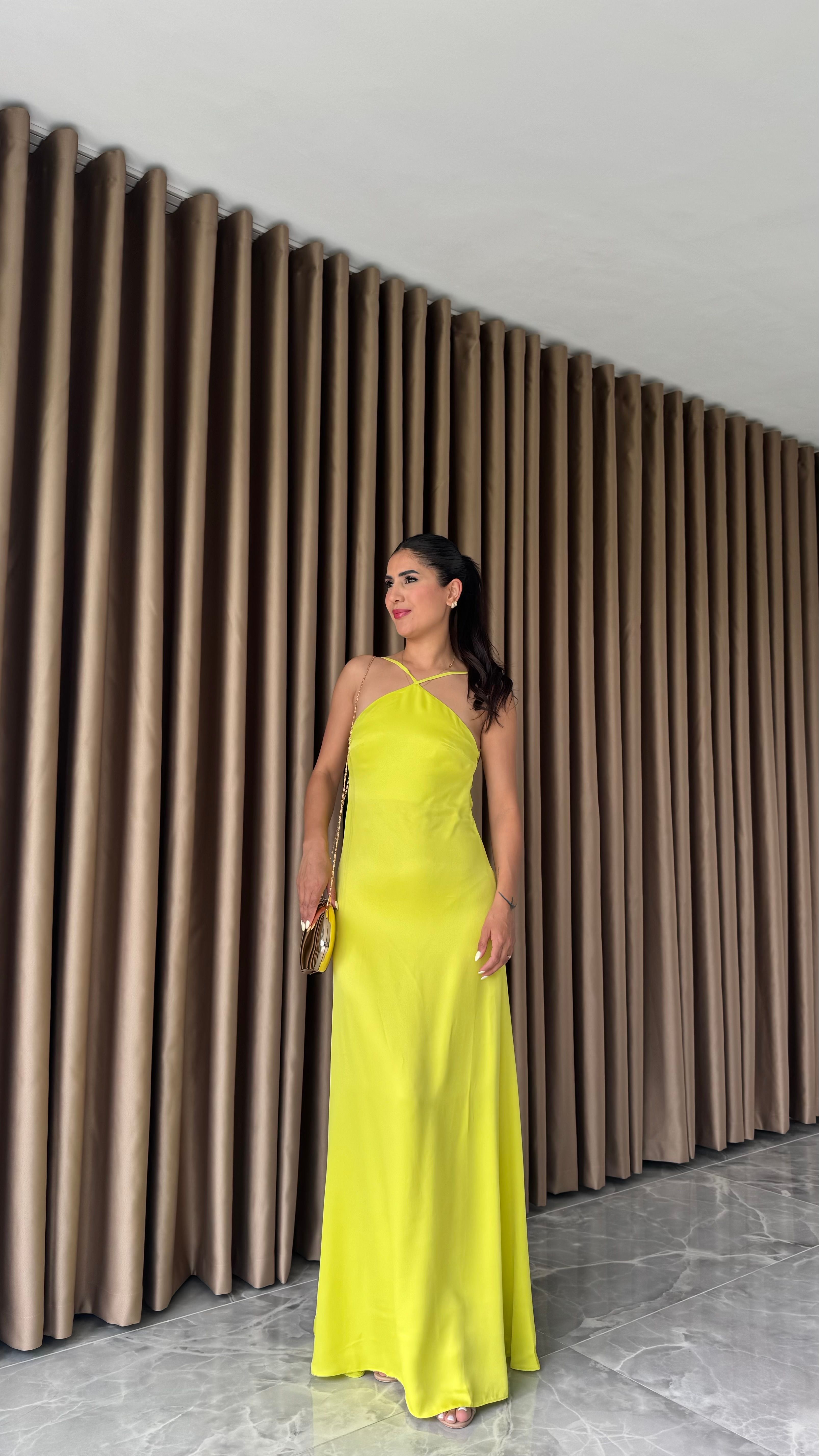 SIRTI DEGAJE YAKA İPLİ SATEN NEON ELBİSE