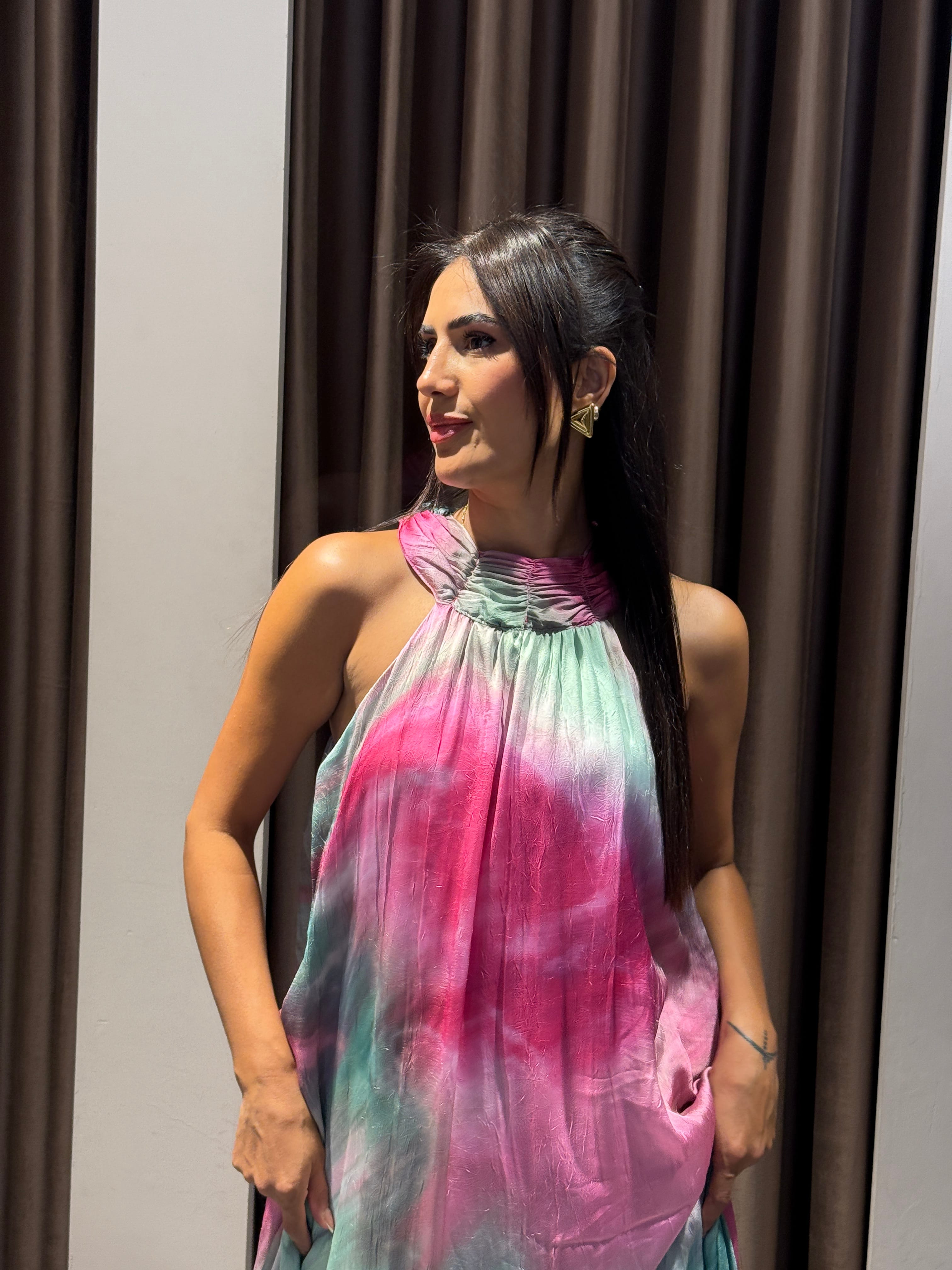 Halter Pembe Renkli Elbise