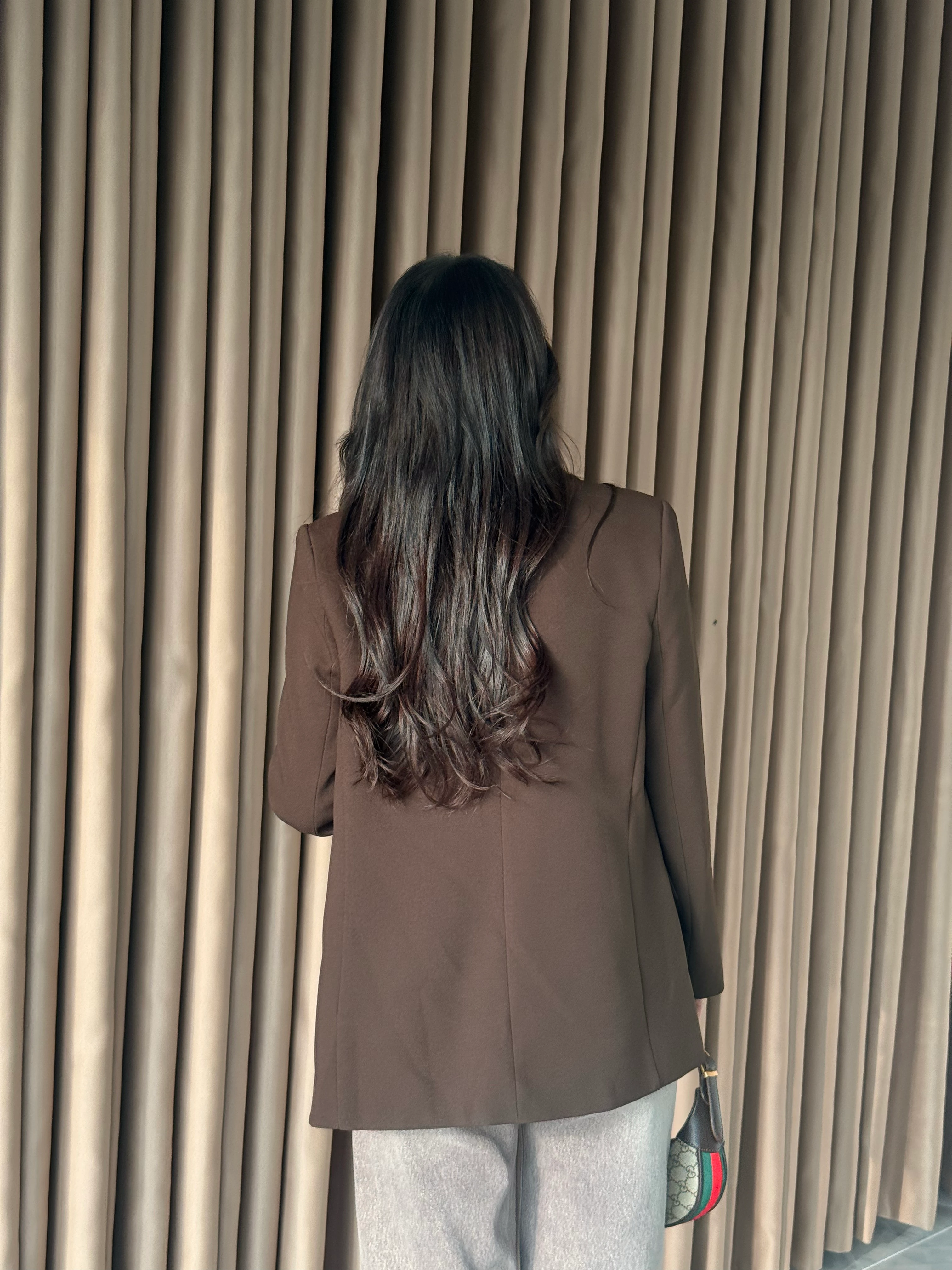 Astarı Çizgili Kahve Blazer Ceket