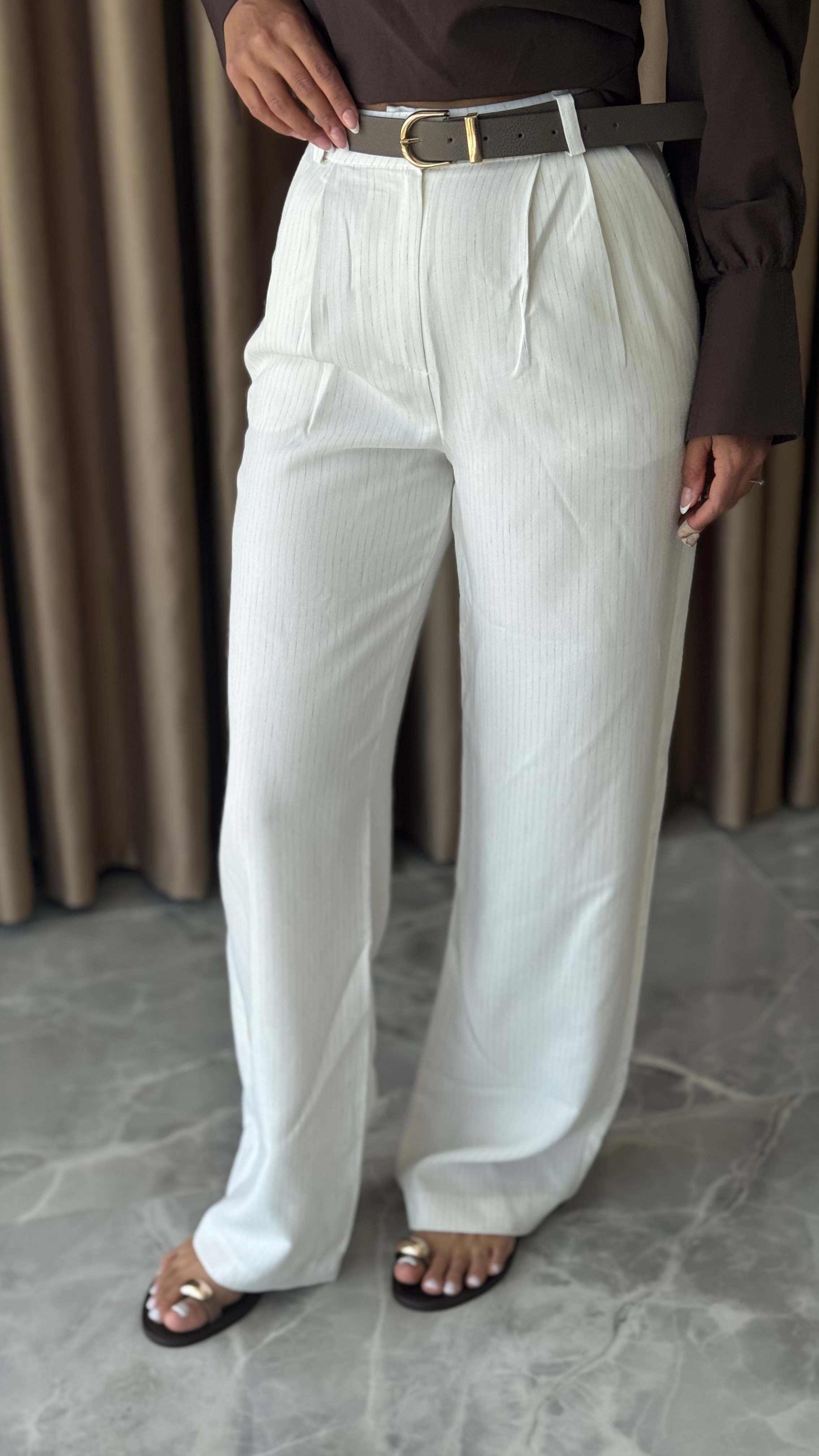 KAHVE KEMERLİ ÇİZGİLİ BOL PANTOLON