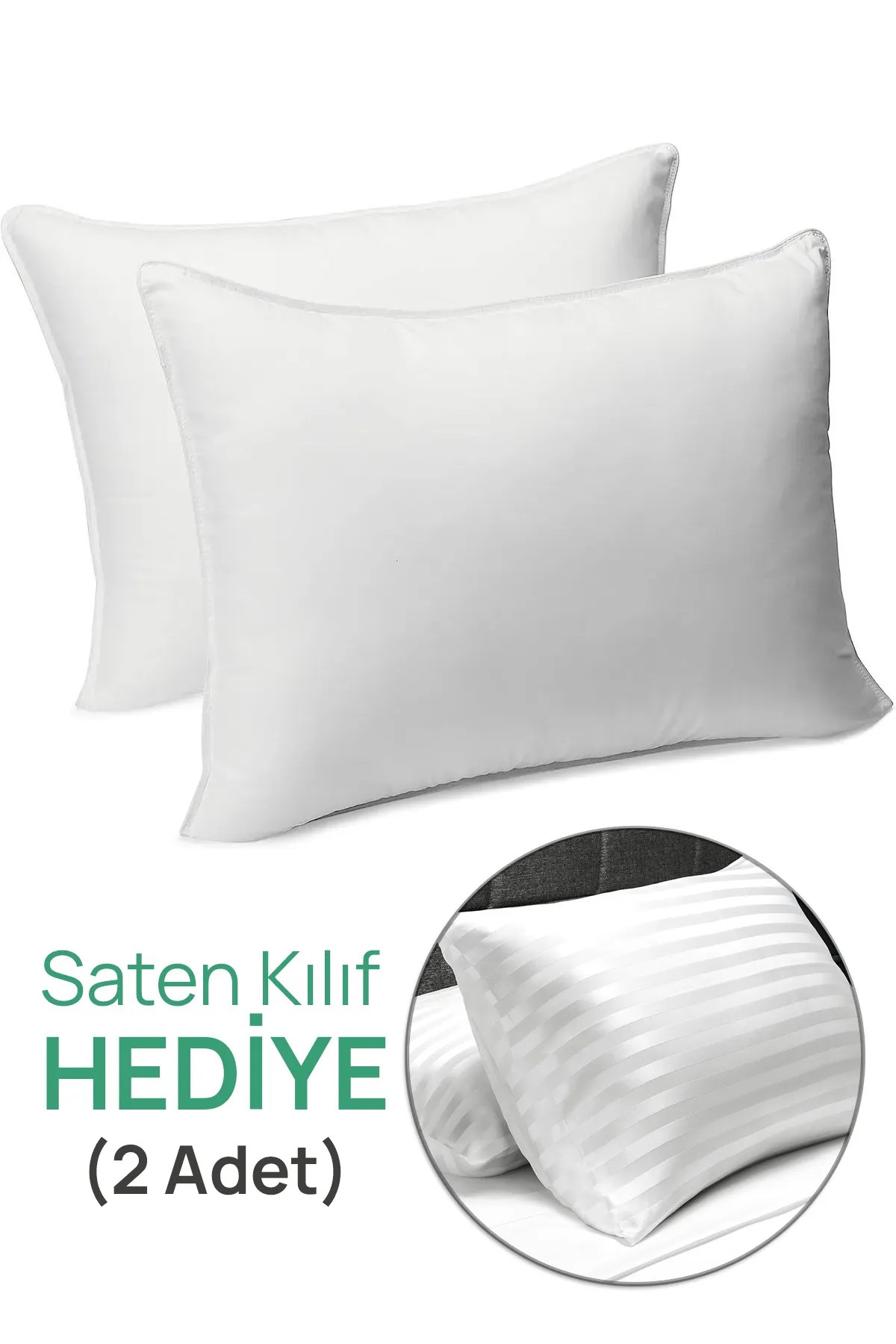 2 Adet 900gr Microfiber Boncuk Silikon Konforlu Otel Yastık 2'li Saten Yastık Kılıf Hediyeli