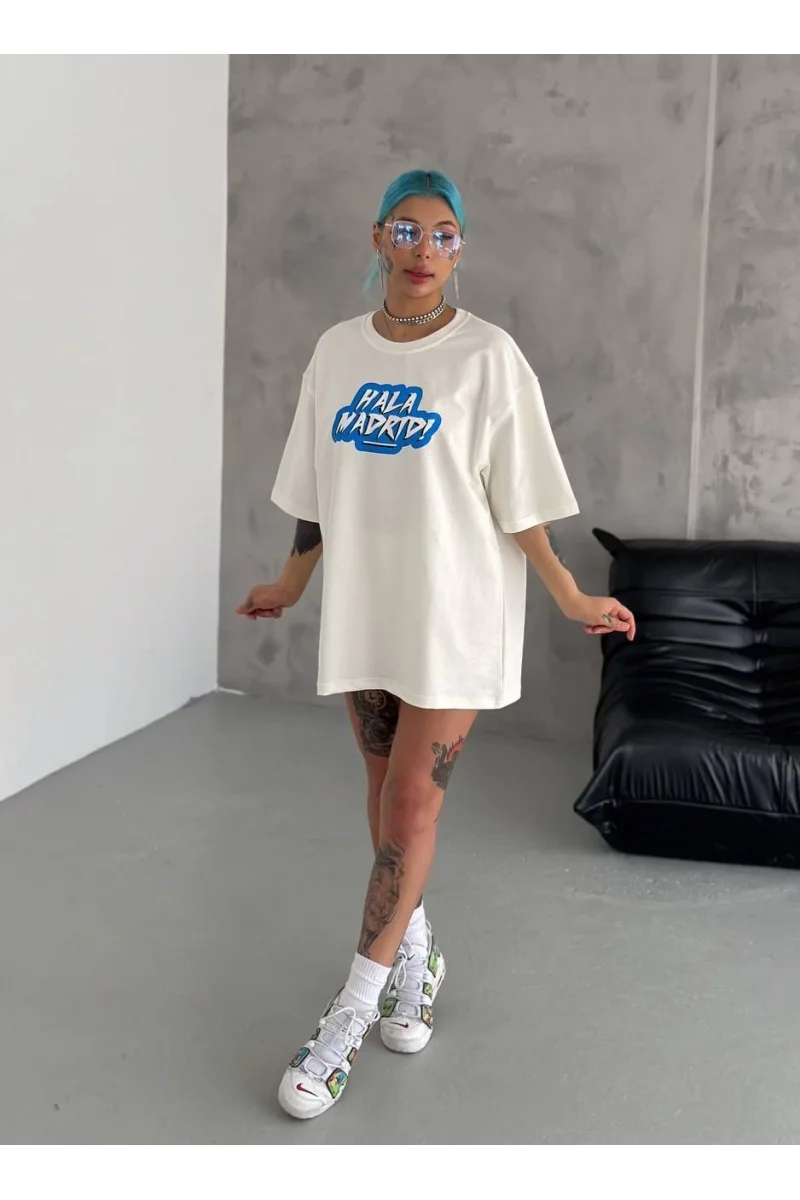 Unisex Bisiklet Yaka Baskılı Oversize T-Shirt 