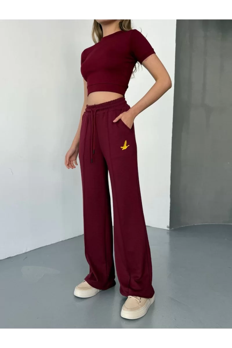 Osy Modal Yumuşak Dokulu Kumaş Nakış işlemeli Rahat Bol Paça Eşofman Pantalon - Bordo