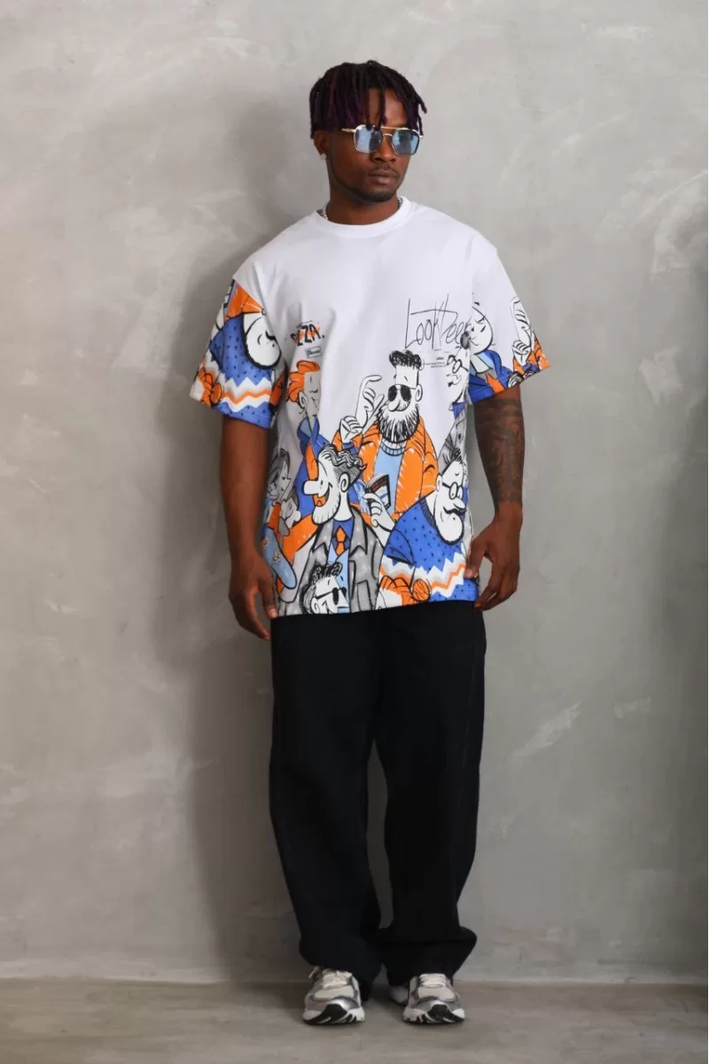 Unisex Oversize Baskılı Bisiklet Yaka T-Shirt 