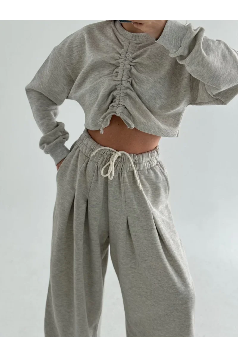 Uzun Kollu Önü İp Büzgülü Crop ve Pantolon İkili Takım