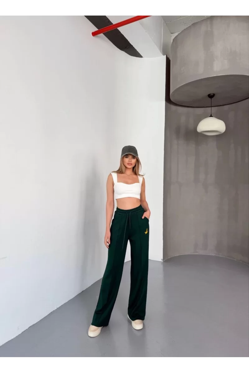 Osy Modal Yumuşak Dokulu Kumaş Nakış işlemeli Rahat Bol Paça Eşofman Pantalon - Yeşil