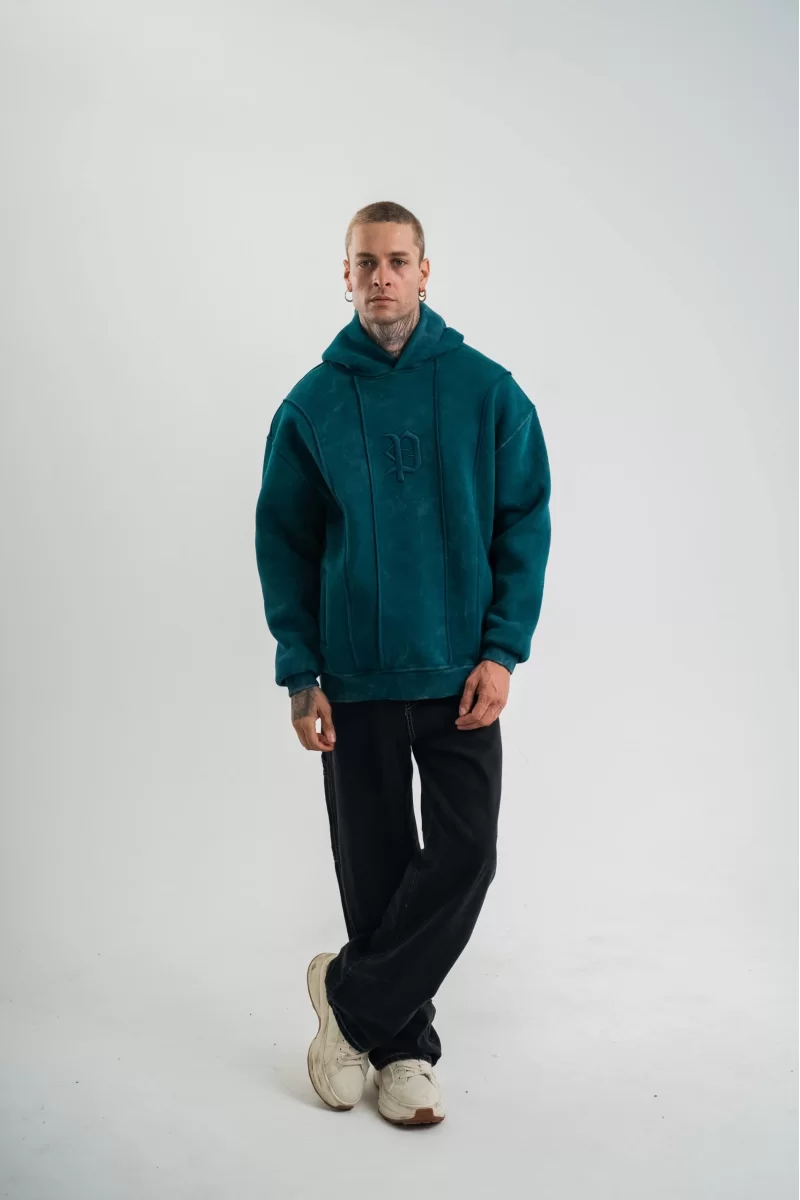 Unisex Uzun Kol Kapşonlu Yıkamalı Nakışlı SweatShirt  - Yeşil