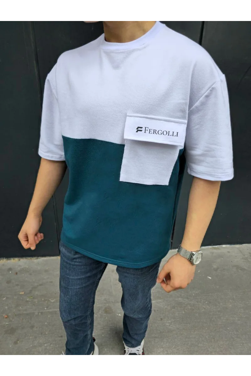 Unisex Torba Cep Detaylı  Parçalı T-Shirt 