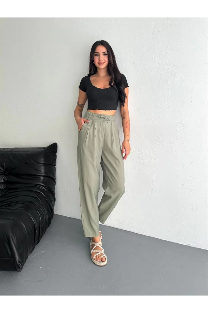 Kadın Yüksel Bel Beli Bağcıklı Rahat Boru Paça Pantalon