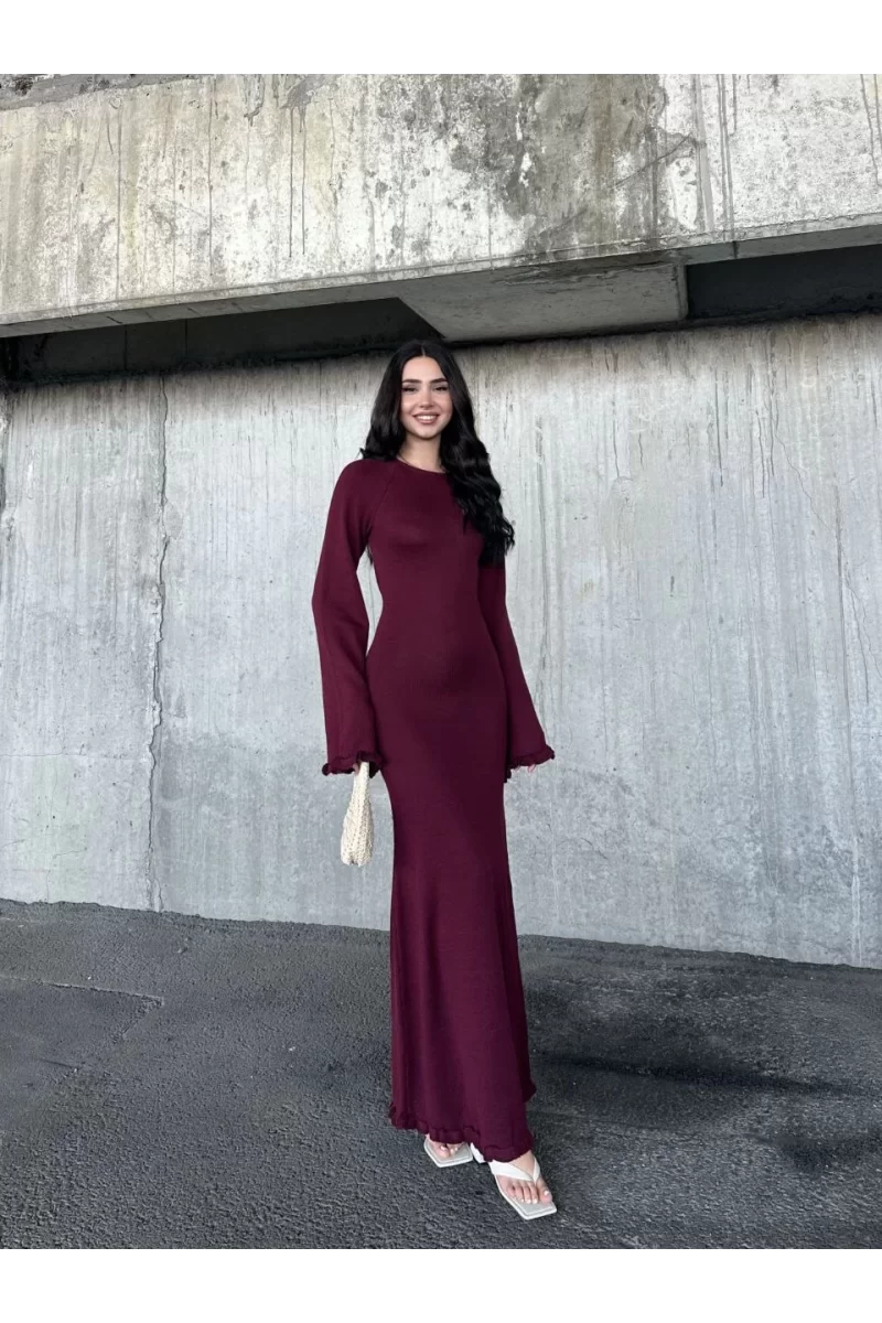 Acık Sırt Detaylı Maxi Uzun Boy Elbise- Bordo - Standart Beden