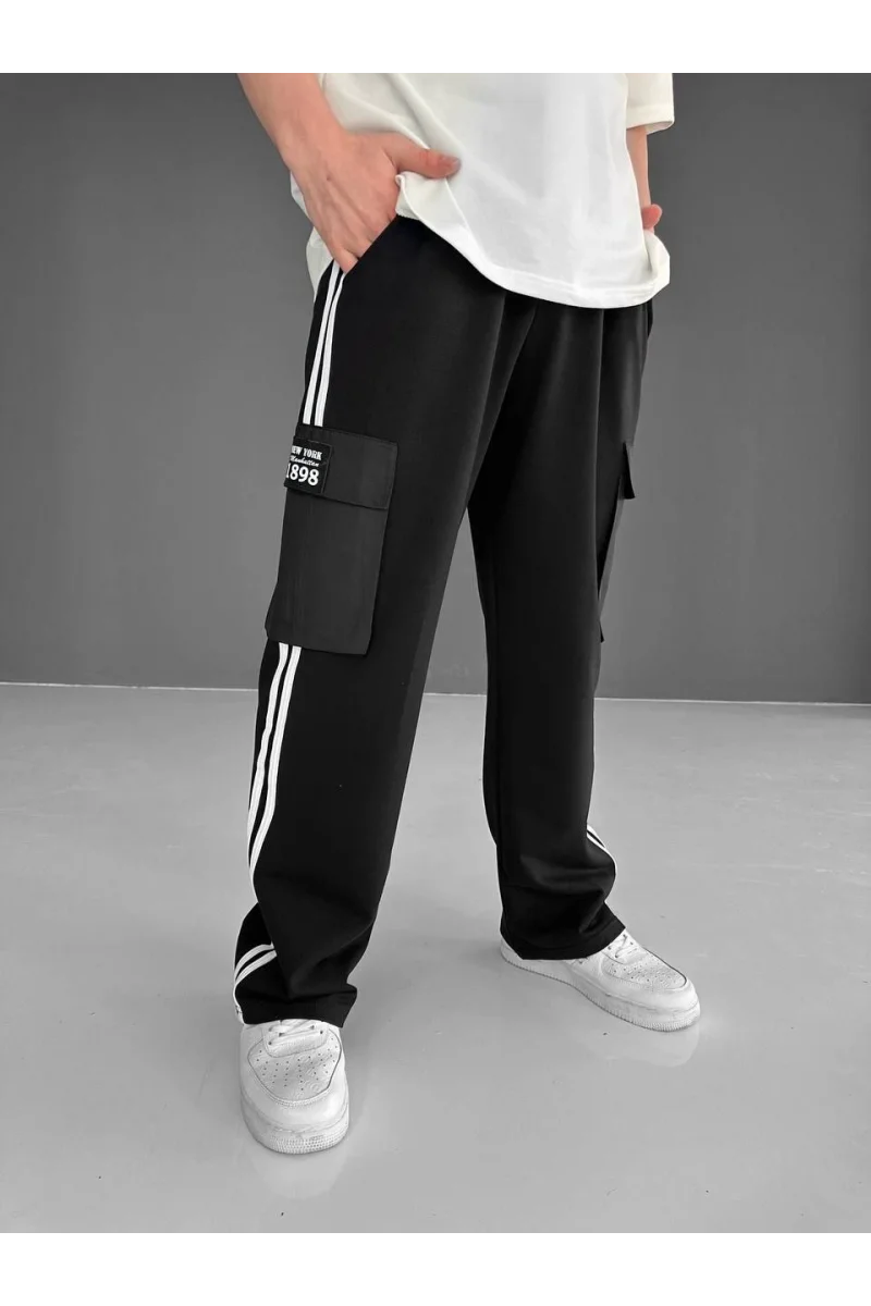 İki İplik Kumaş Kargo Cepli Şeritli Alt Esofman - Siyah