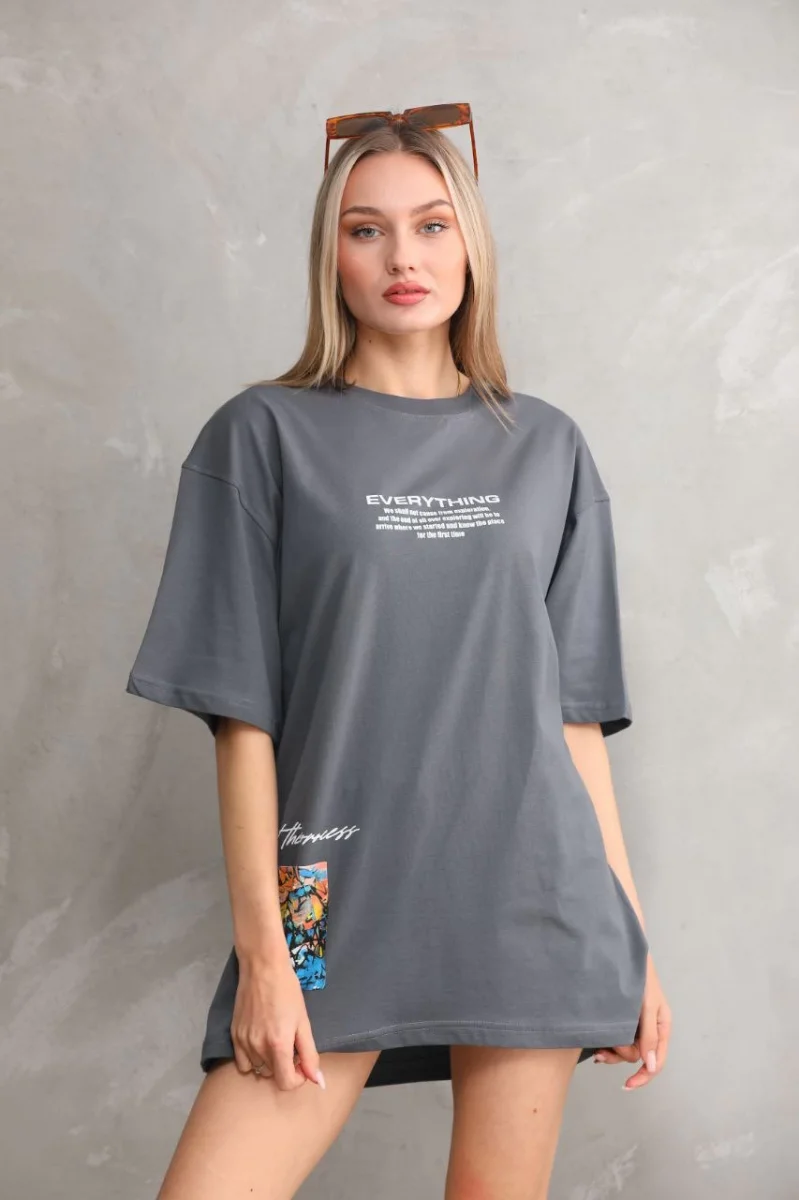 Unisex Bisiklet Yaka Baskılı Oversize T-Shirt