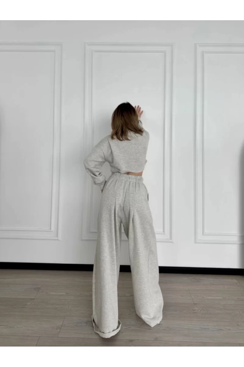 Uzun Kollu Önü İp Büzgülü Crop ve Pantolon İkili Takım