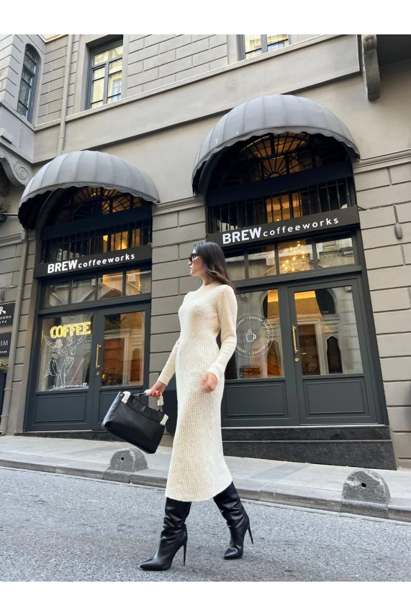 Bisiklet Yaka Fitilli Uzun Elbise - Beyaz