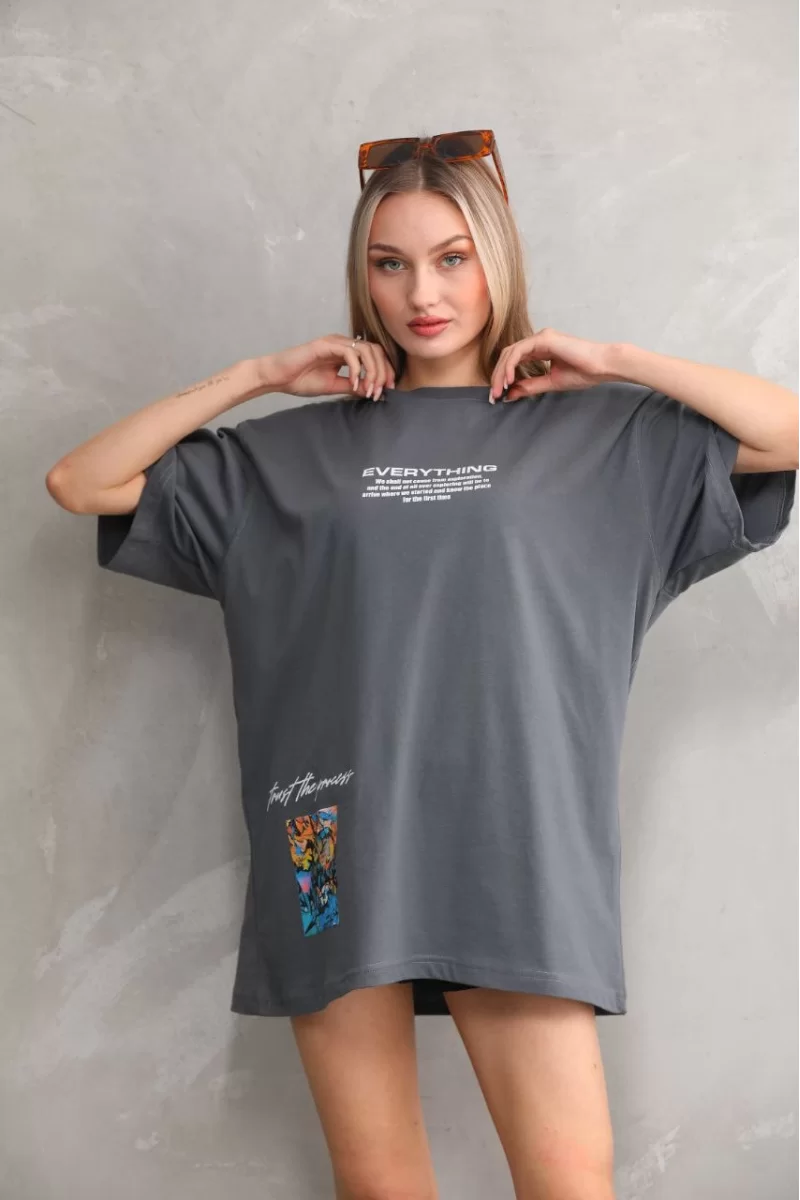 Unisex Bisiklet Yaka Baskılı Oversize T-Shirt