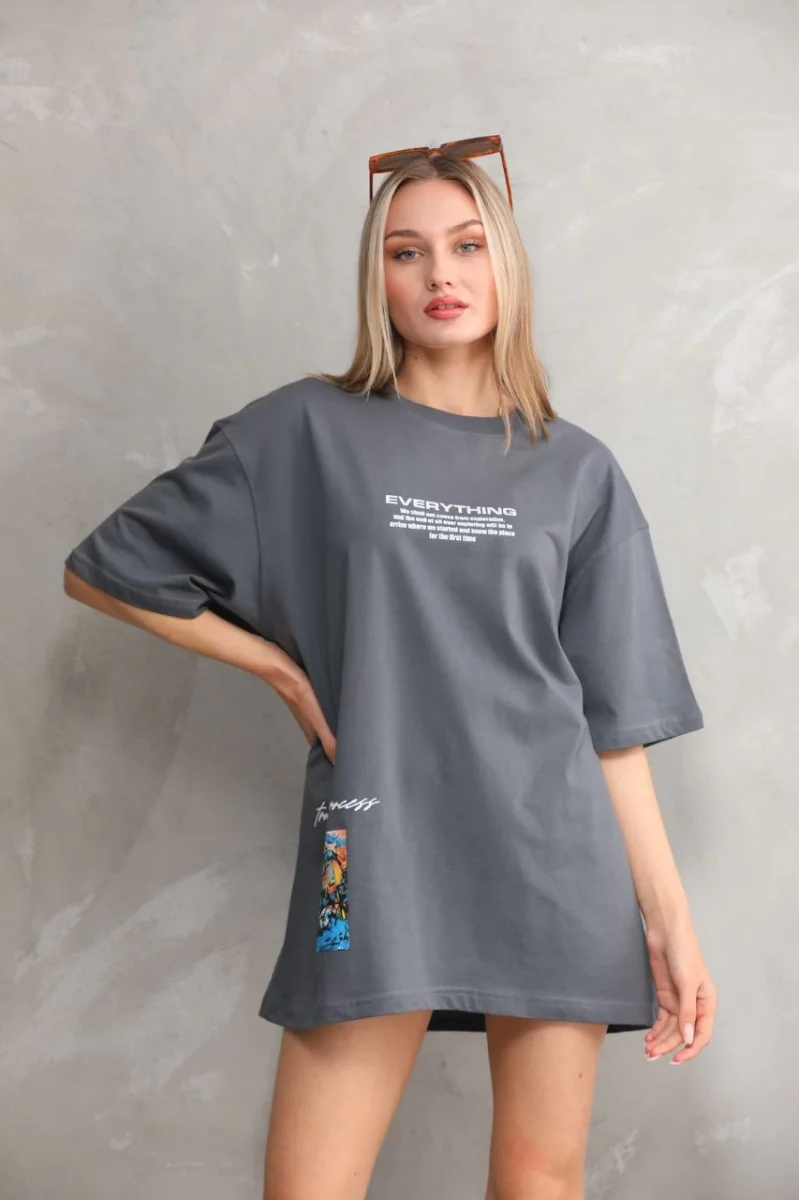 Unisex Bisiklet Yaka Baskılı Oversize T-Shirt