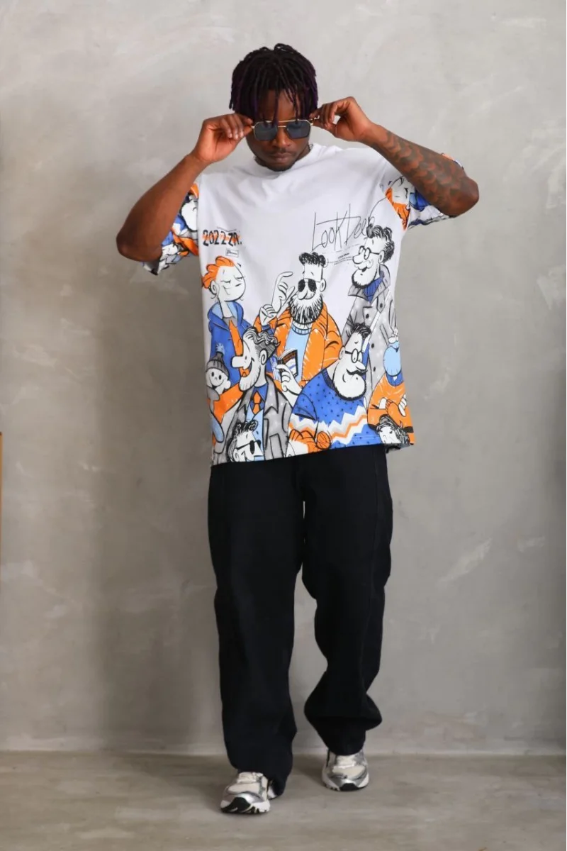 Unisex Oversize Baskılı Bisiklet Yaka T-Shirt 