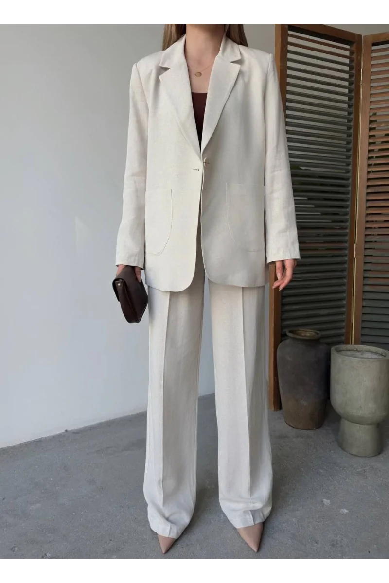 Keten Ceket Pantolon İlik Düğmeli Uzun Kollu Yırtmaçlı ikili Takım - Beyaz