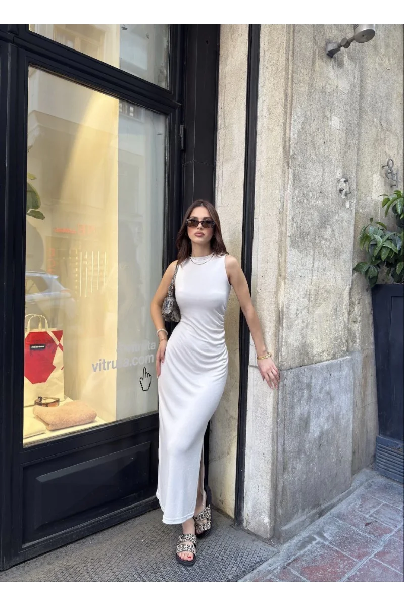 Osy Modal Yumuşak Dokulu Kumaş Bisiklet Yaka Sıfır Kolsuz Yırtmaçlı Uzun Elbise 