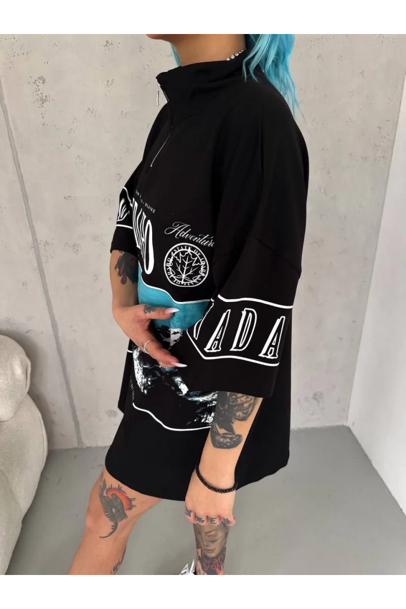 Unisex Baskılı Yarım Fermuarlı T-Shirt