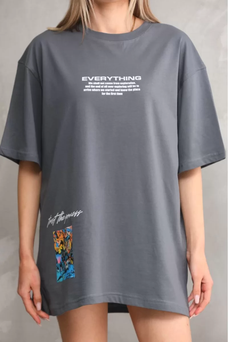 Unisex Bisiklet Yaka Baskılı Oversize T-Shirt