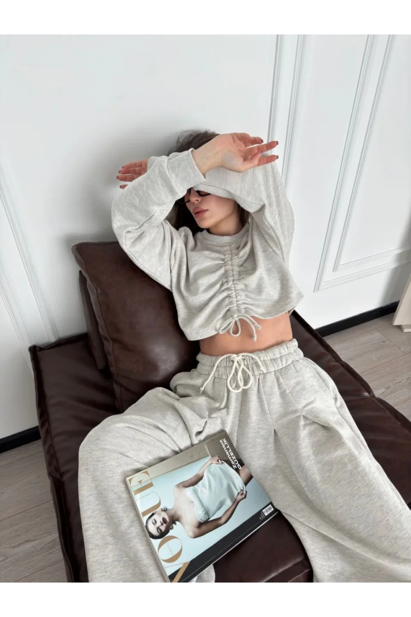 Uzun Kollu Önü İp Büzgülü Crop ve Pantolon İkili Takım