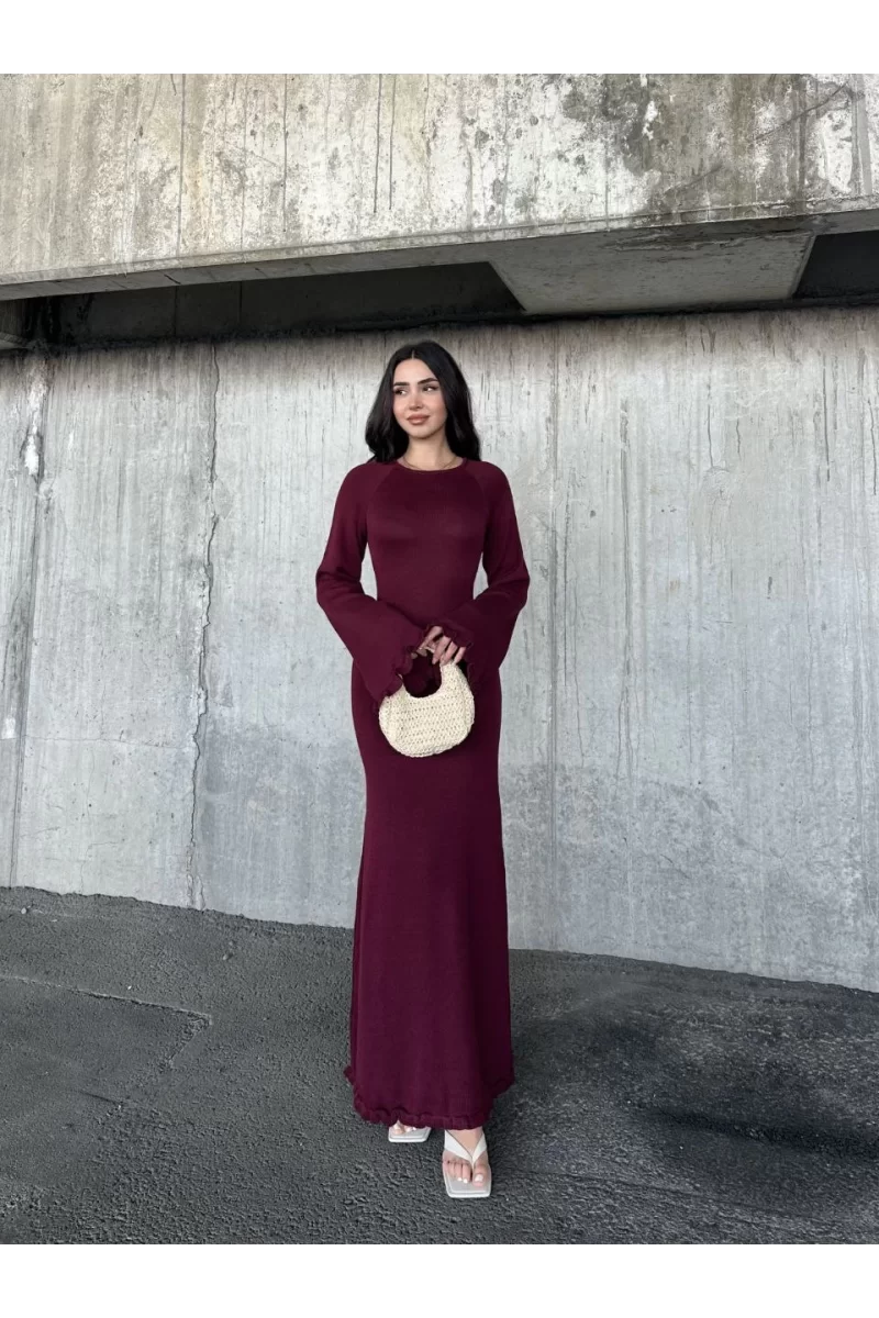 Acık Sırt Detaylı Maxi Uzun Boy Elbise- Bordo - Standart Beden